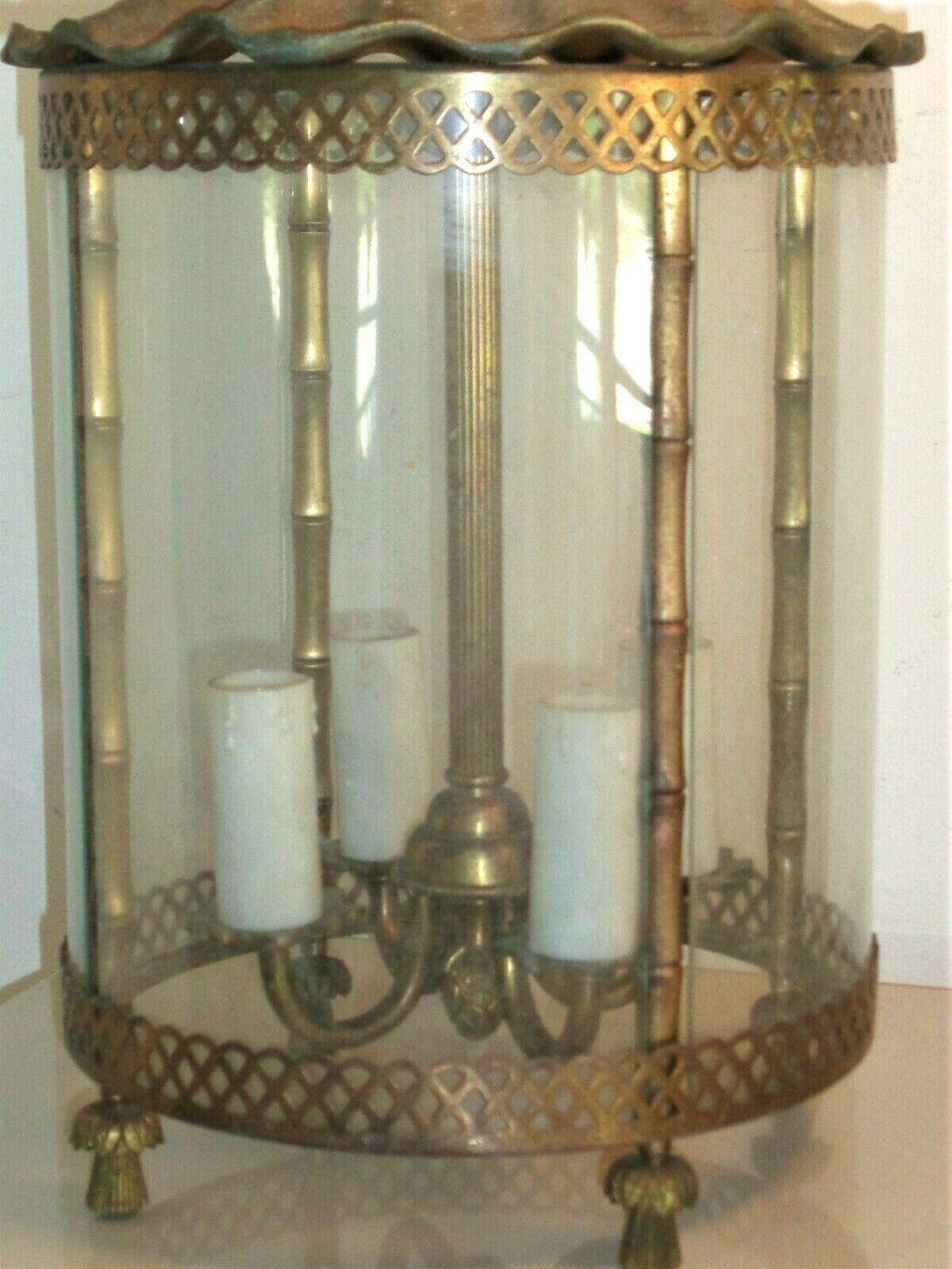 1950s French Mid Century Modern Gilt Bronze with Glass Faux Bamboo Lantern For Sale 4