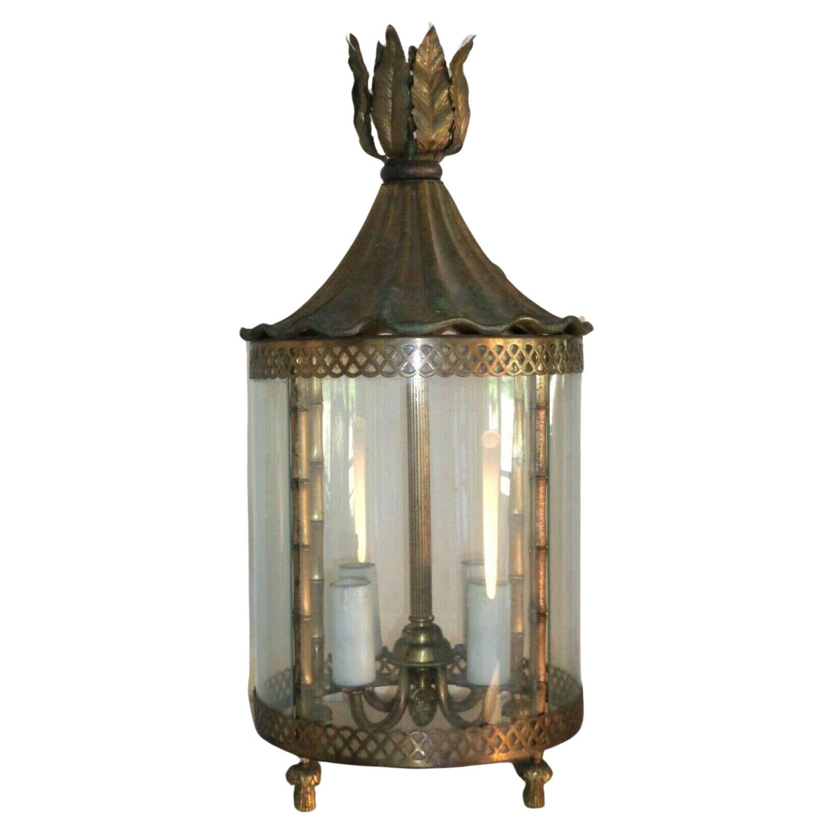 1950s French Mid Century Modern Gilt Bronze with Glass Faux Bamboo Lantern