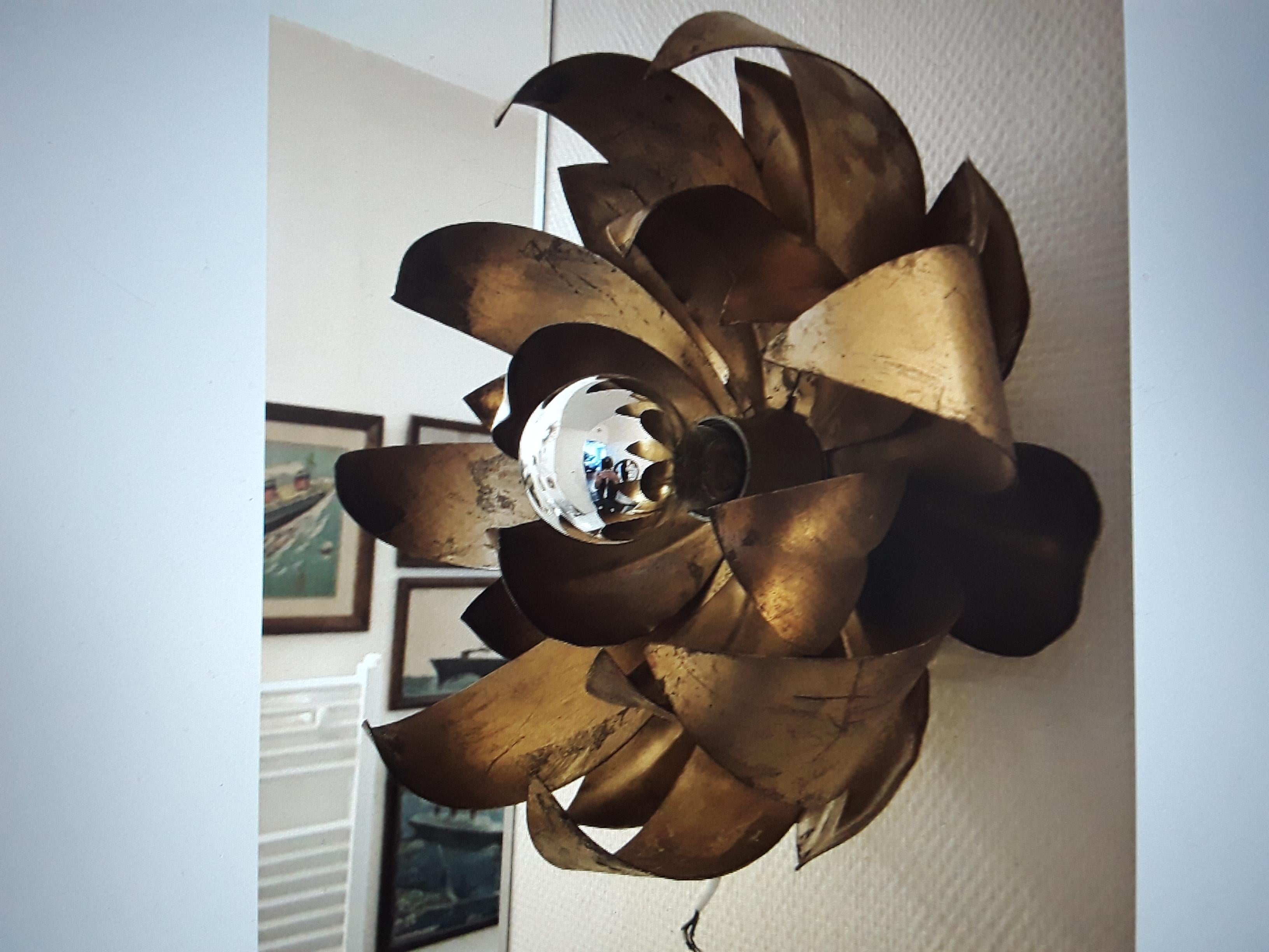1950s French Mid Century Modern Gilt Floral in Bloom Ceiling Flush Mount Fixture In Good Condition For Sale In Opa Locka, FL