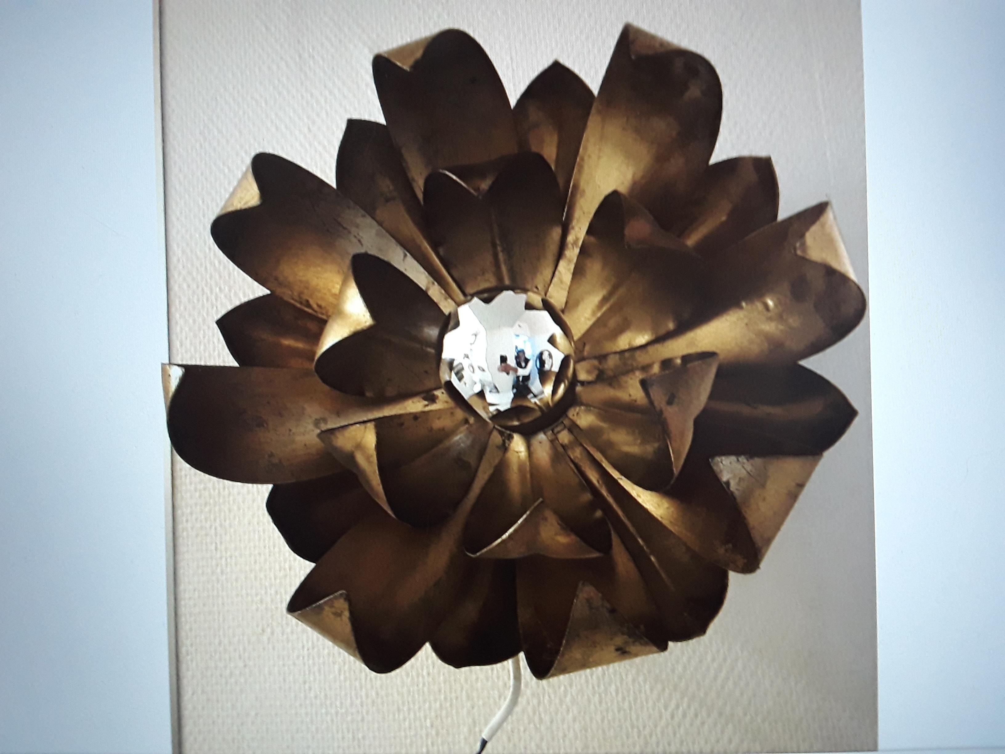 1950s French Mid Century Modern Gilt Floral in Bloom Ceiling Flush Mount Fixture For Sale 1