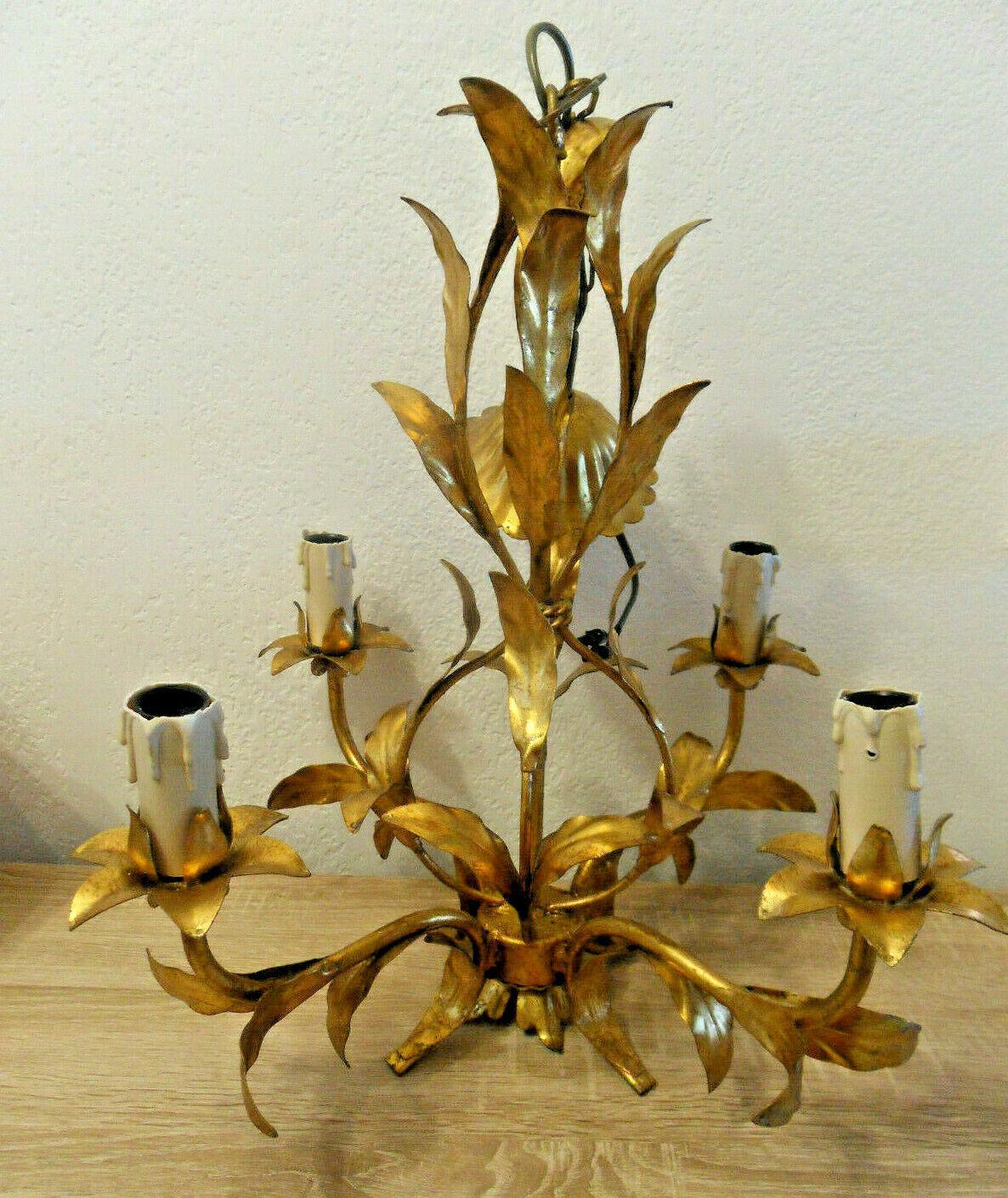 1950's French Mid Century Modern Gilt Tole Full Floral Detail Chandelier For Sale 4