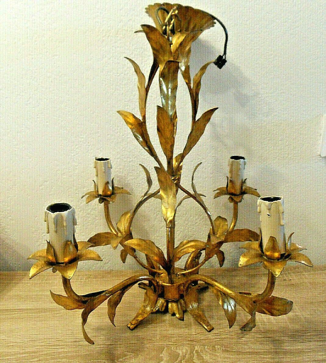 1950's French Mid Century Modern Gilt Tole Full Floral Detail Chandelier In Good Condition For Sale In Opa Locka, FL