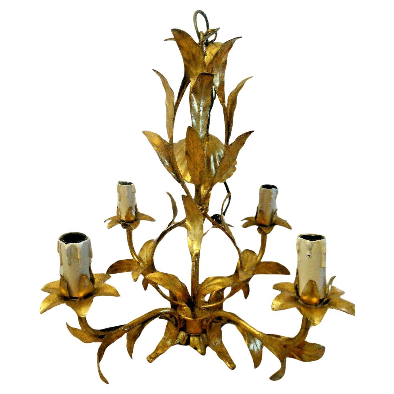 1950's French Mid Century Modern Gilt Tole Full Floral Detail Chandelier