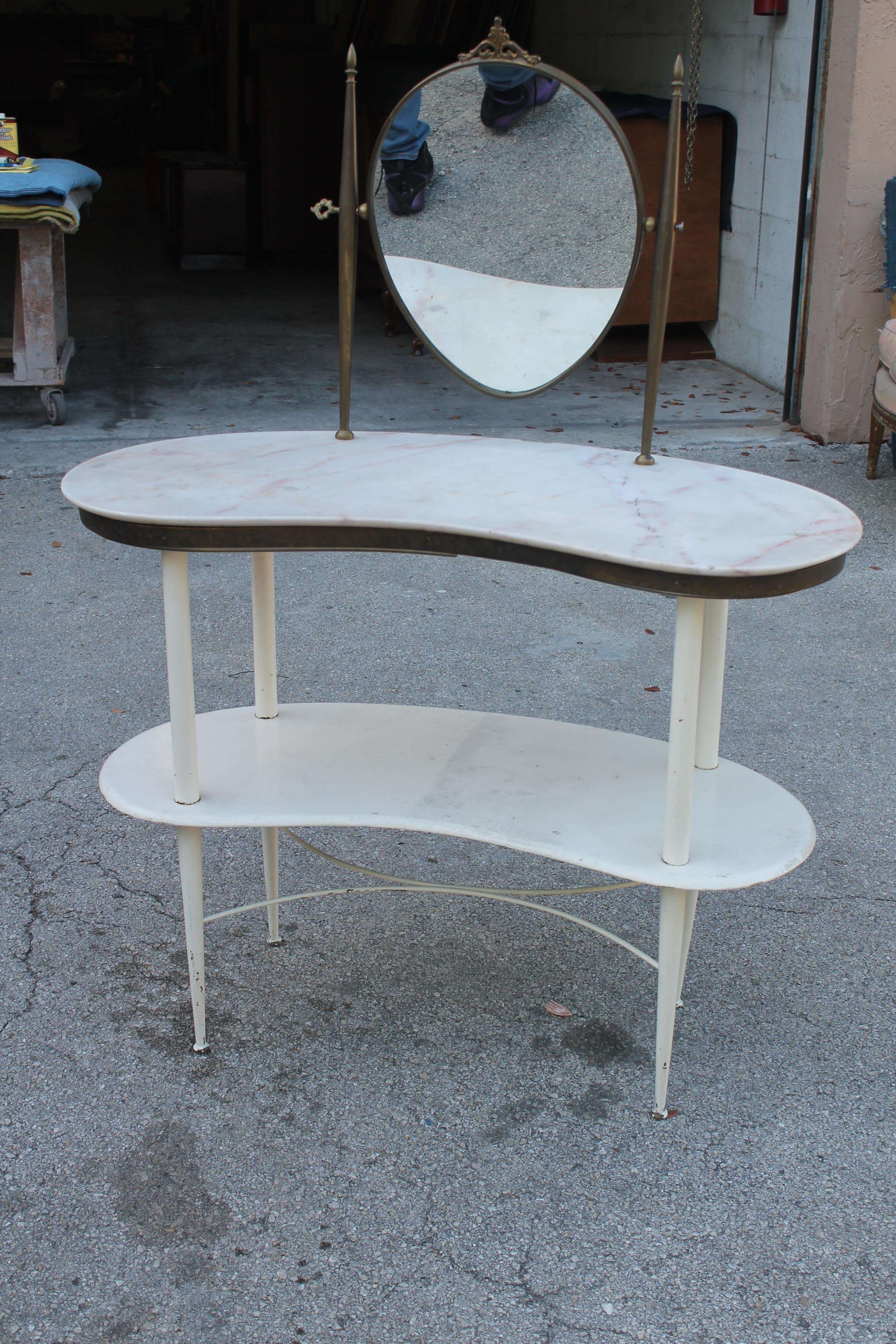 1950's French Mid Century Modern Ladies Mirrored Vanity with Marble Kidney Shape For Sale 8