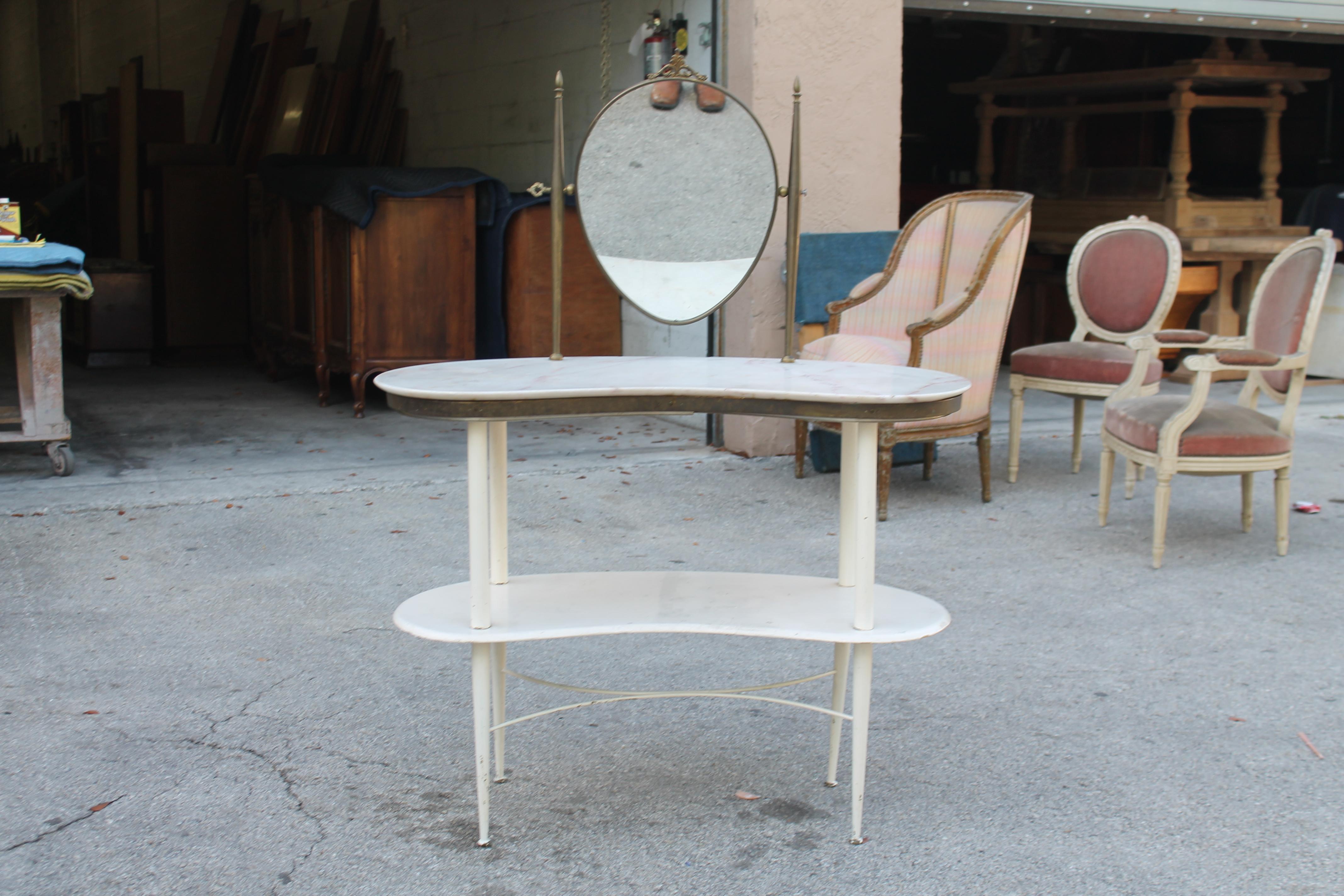 Mid-Century Modern 1950's French Mid Century Modern Ladies Mirrored Vanity with Marble Kidney Shape For Sale
