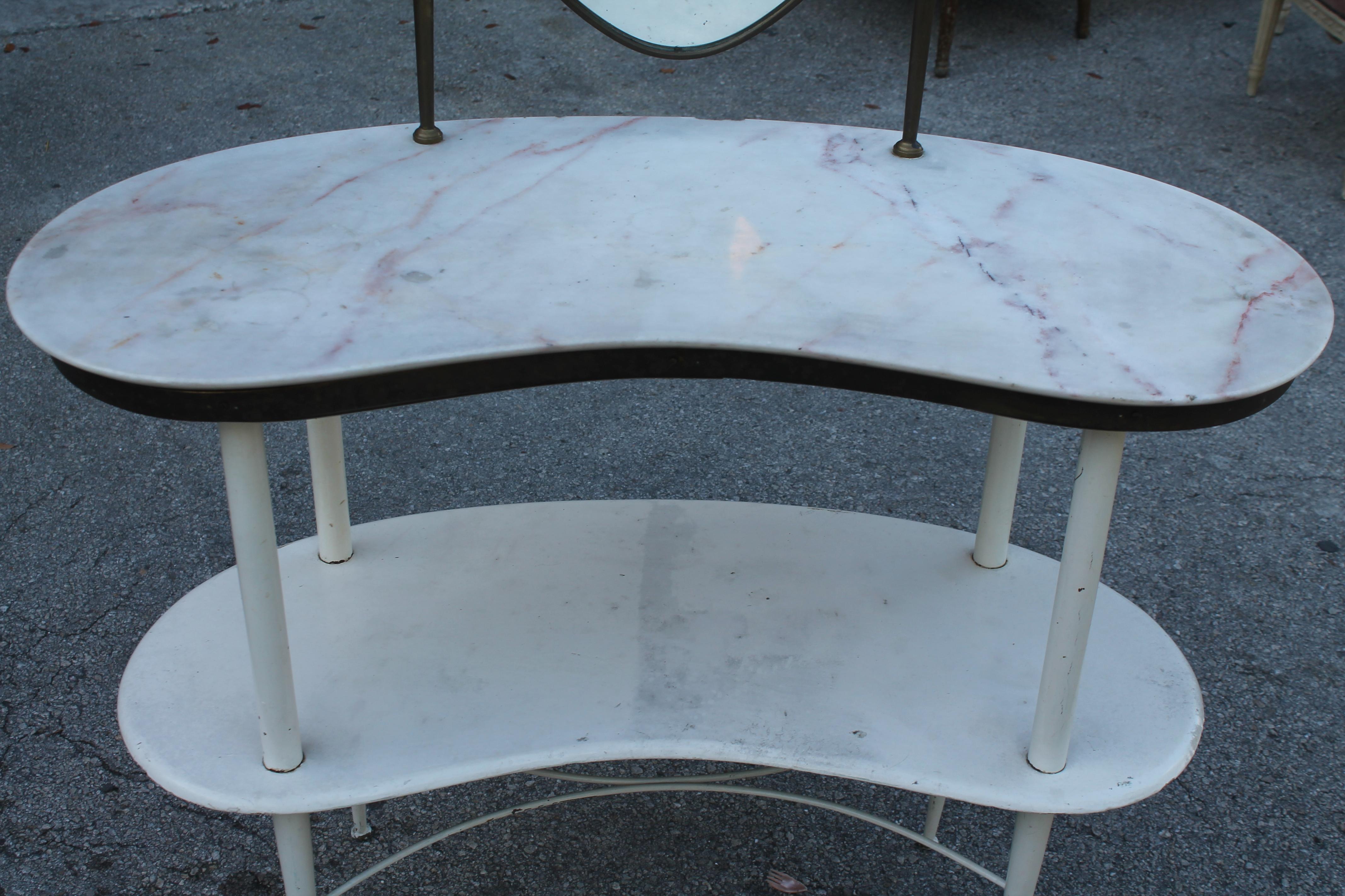 1950's French Mid Century Modern Ladies Mirrored Vanity with Marble Kidney Shape In Good Condition For Sale In Opa Locka, FL