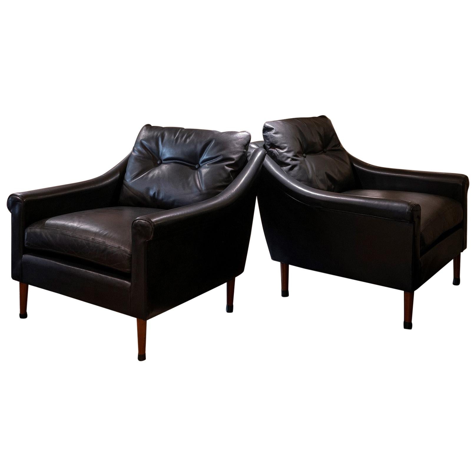 1950s French Mid-Century Modern Pair of Black Leather Armchairs