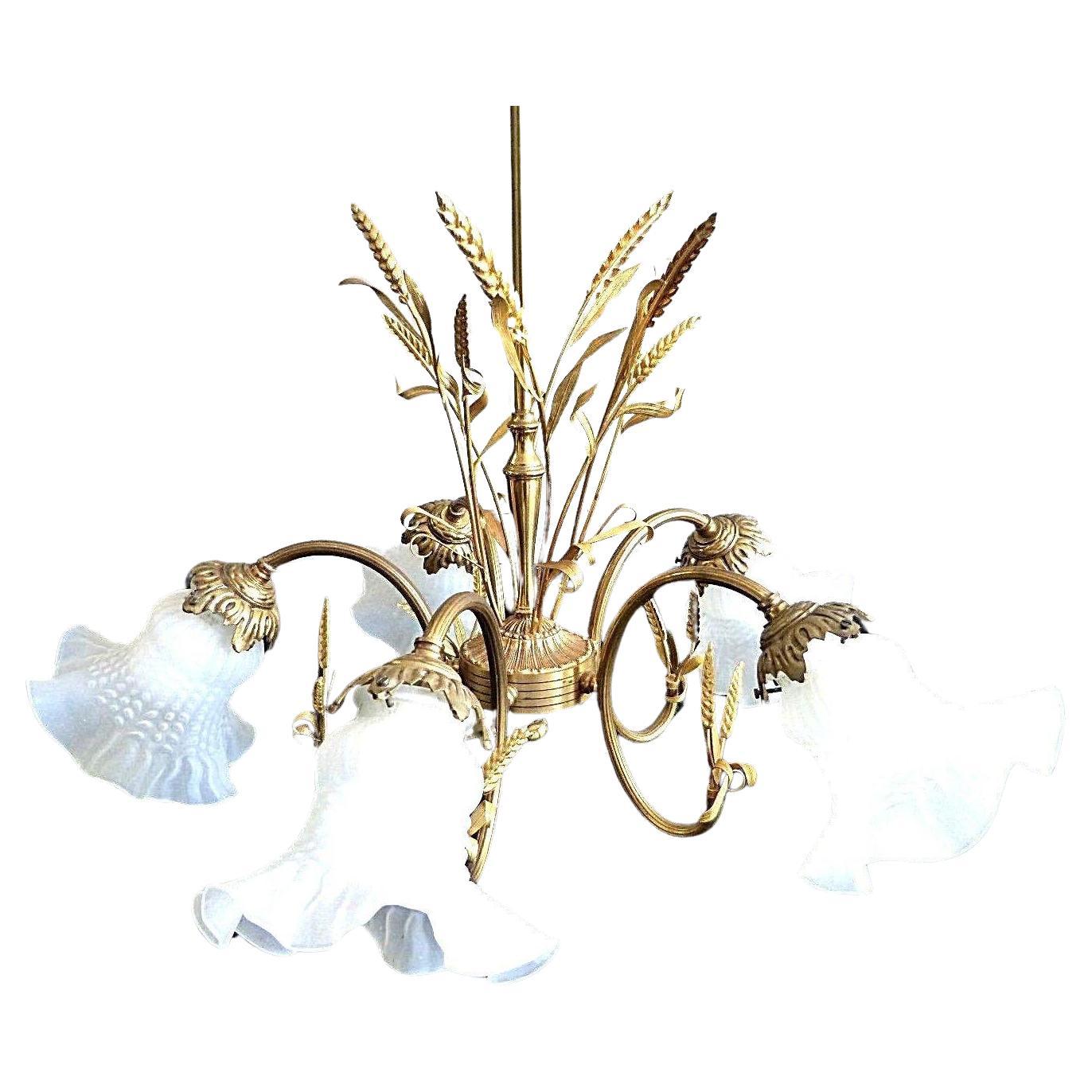 1950's Mid Century Modern Gilt Metal Sheaf of Wheat Chandelier with Floral Form Shades. Miami Beach estate purchase.
