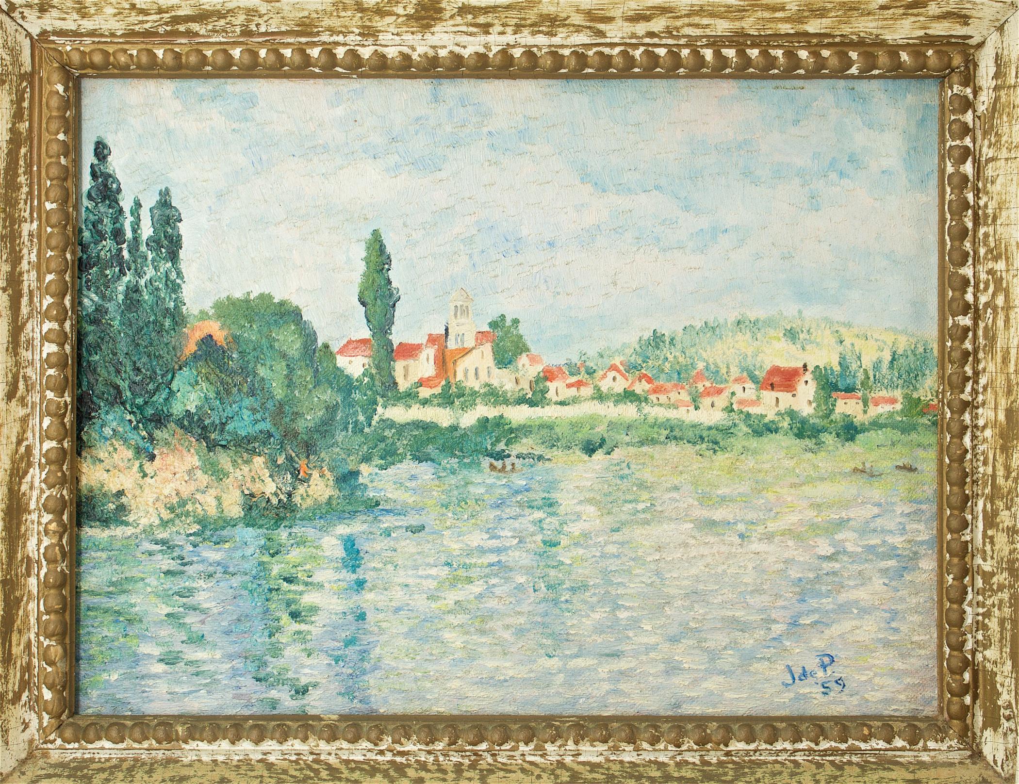 A wonderful late 1950s Parisian oil painting, a tourist street souvenir, painted by J. de P. Vétheuil, originally by Claude Monet. In original frame. Oil on Board, pencil signed/dated on back, Feb. 59, etc. Image size: 12 x 9 in.

In August 1878 a