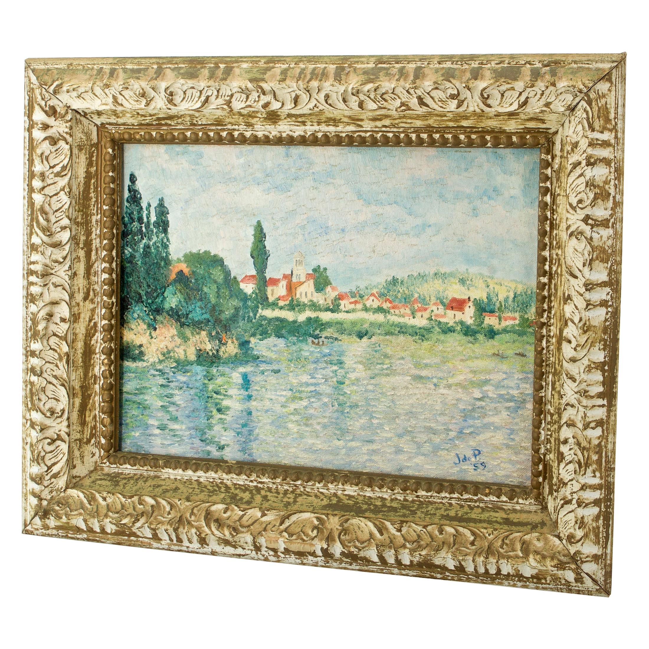 1950s Arte callejero francés de mediados de siglo Pintura Claude Monet Vetheuil Río Sena