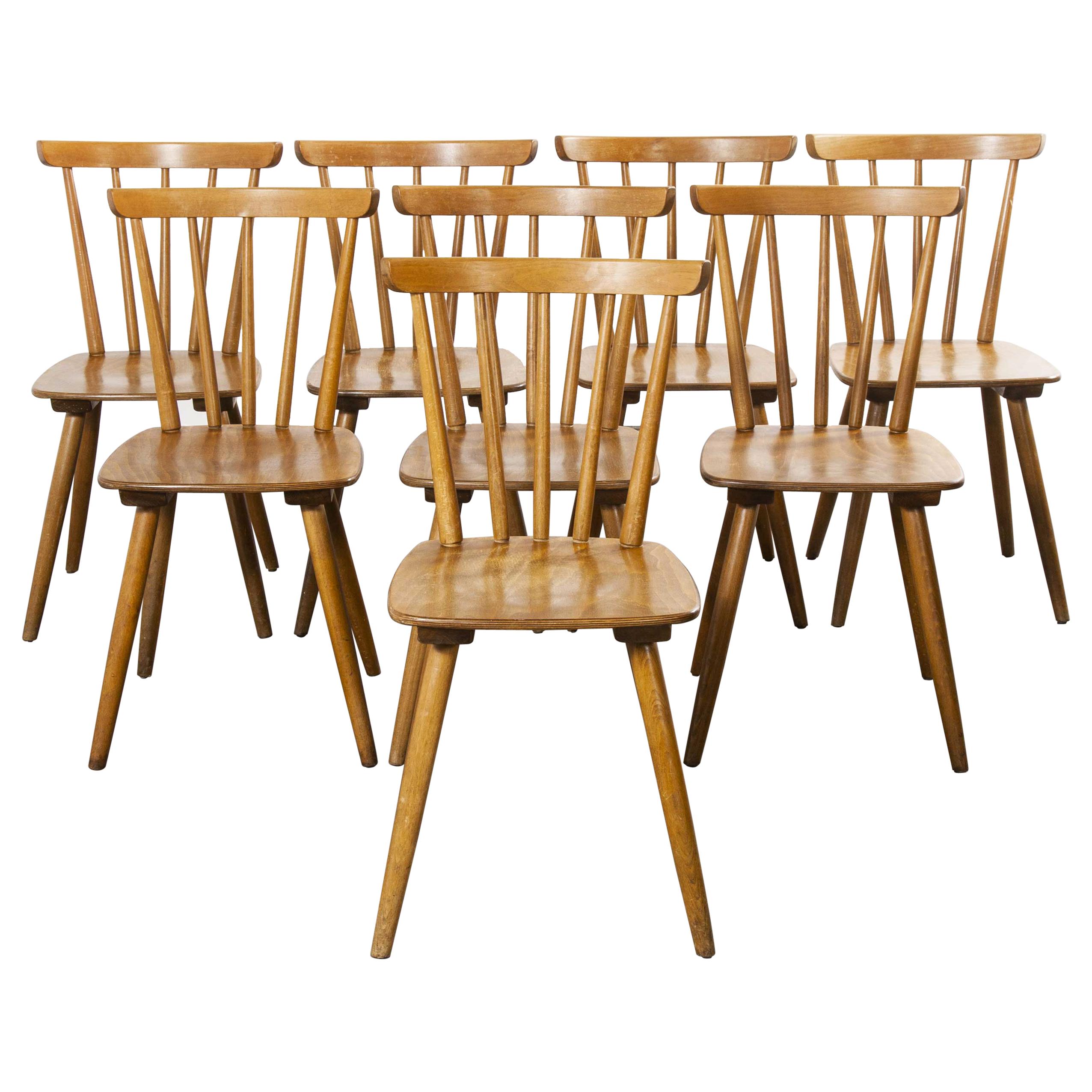 1950s French Midcentury Beechwood Stick Back Dining Chairs, Set of Eight