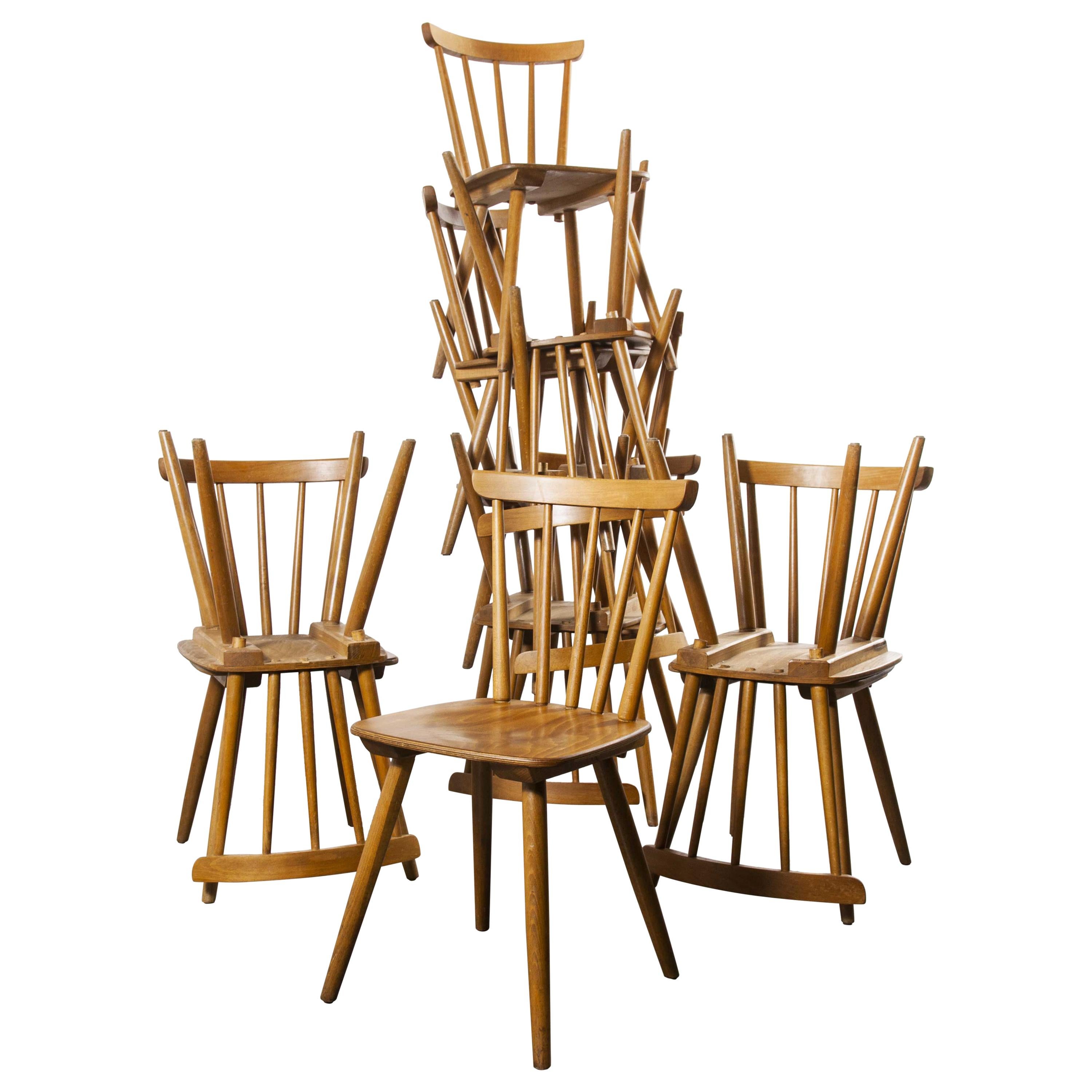 1950s French Midcentury Beechwood Stick Back Dining Chairs, Set of Twelve