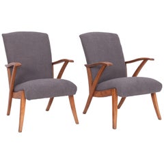 Vintage 1950s French Mid-Century Modern Oak Upholstered Armchairs, a Pair