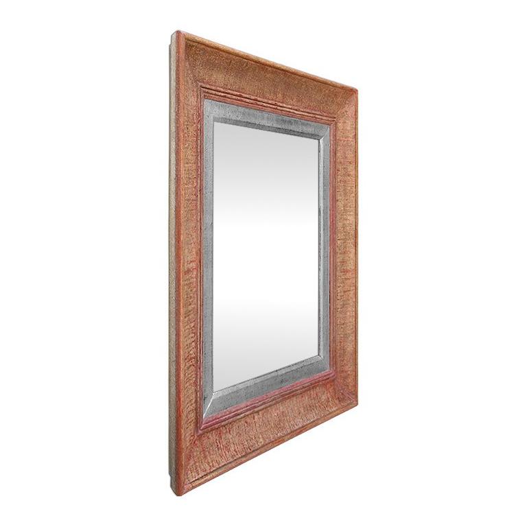 1950’s antique french mirror. Rose-colored patinated aged and re-gilding to the patinated silvered leaf. Original patina created by the art workshop Atelier RTCD – Paris. Antique laminated wood back. Modern glass mirror. Antique frame width: 15 cm.
