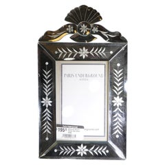 1950s French Mirrored Picture Frame with Floral Etching Design on Silver Glass