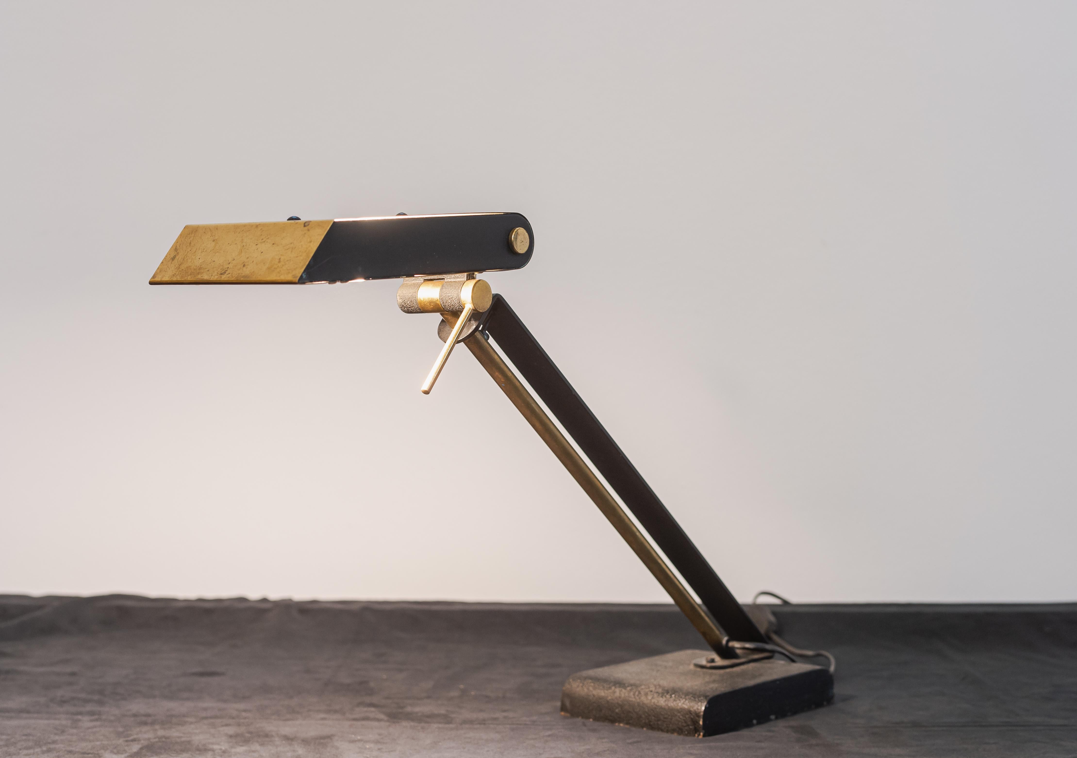 Mid-Century Modern 1950s French Modern Brass & Black Steel Desk Lamp Modernist