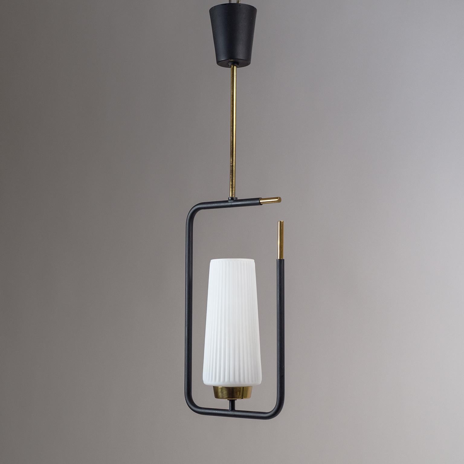 1950s French Modern Pendant, Ribbed Glass and Brass For Sale 5