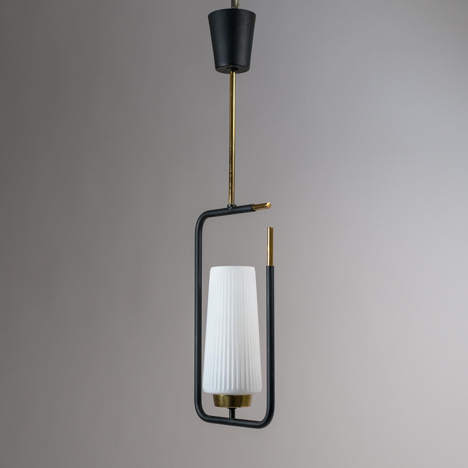 1950s French Modern Pendant, Ribbed Glass and Brass For Sale 6