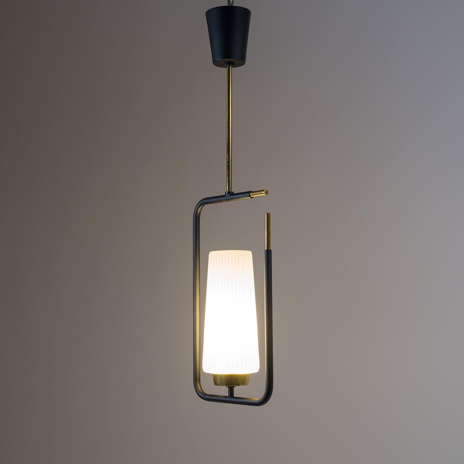 1950s French Modern Pendant, Ribbed Glass and Brass For Sale 9