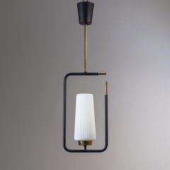 1950s French Modern Pendant, Ribbed Glass and Brass