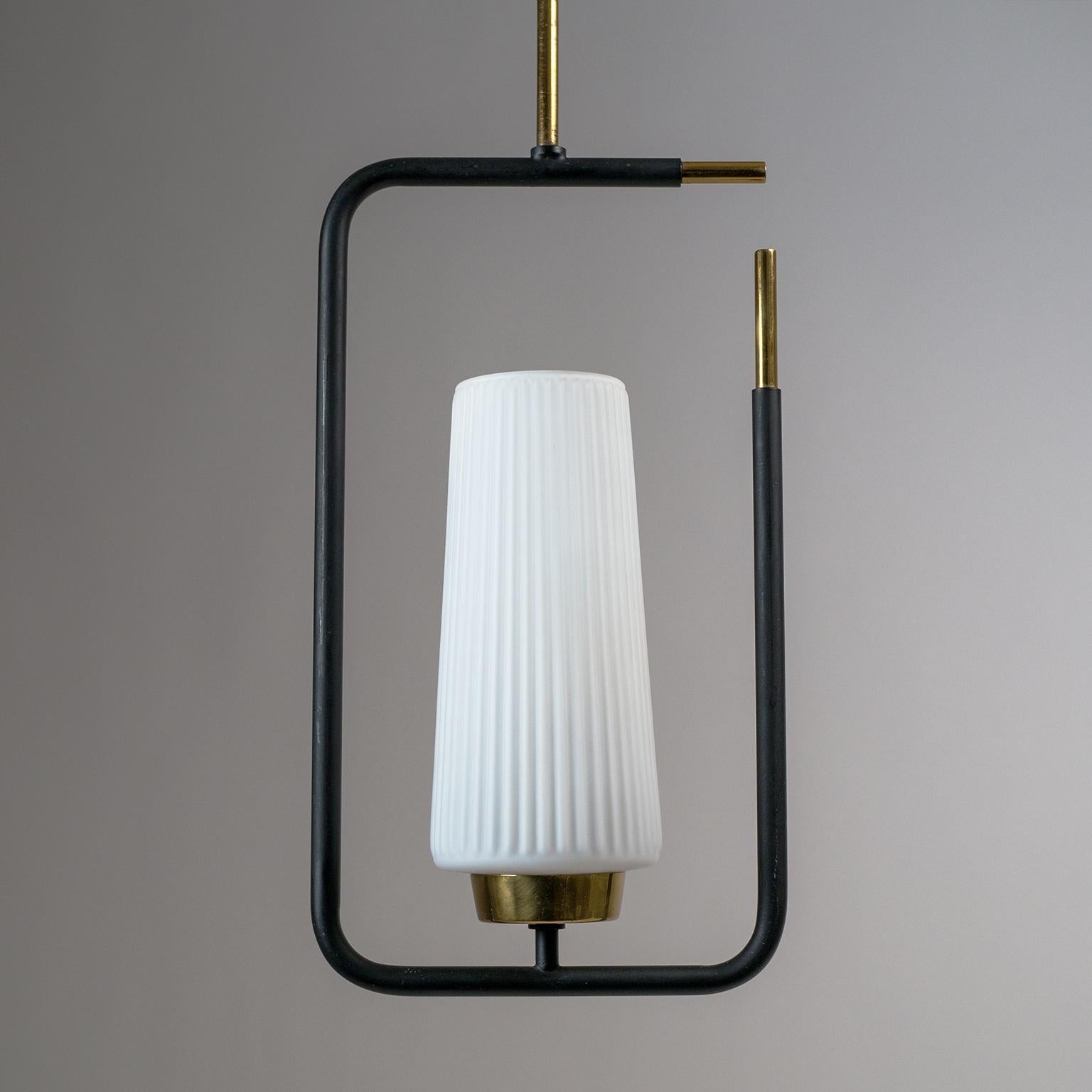 Mid-Century Modern 1950s French Modern Pendant, Ribbed Glass and Brass For Sale