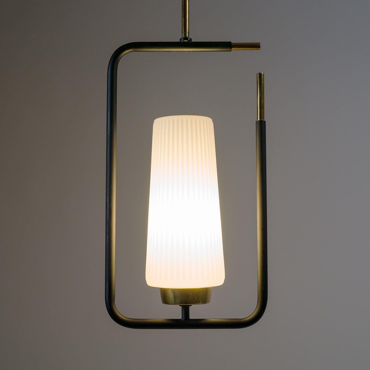 Lacquered 1950s French Modern Pendant, Ribbed Glass and Brass For Sale