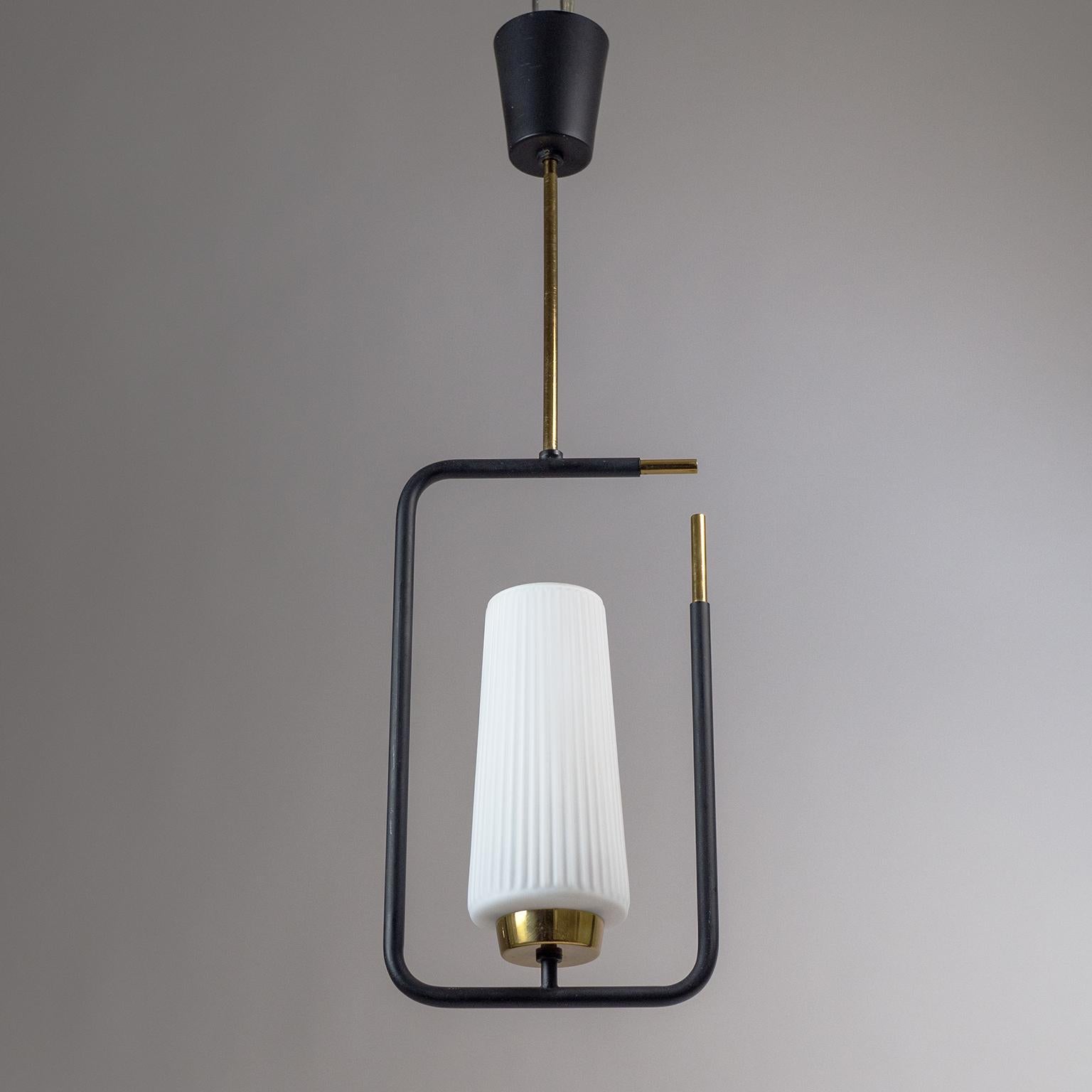 Mid-20th Century 1950s French Modern Pendant, Ribbed Glass and Brass For Sale