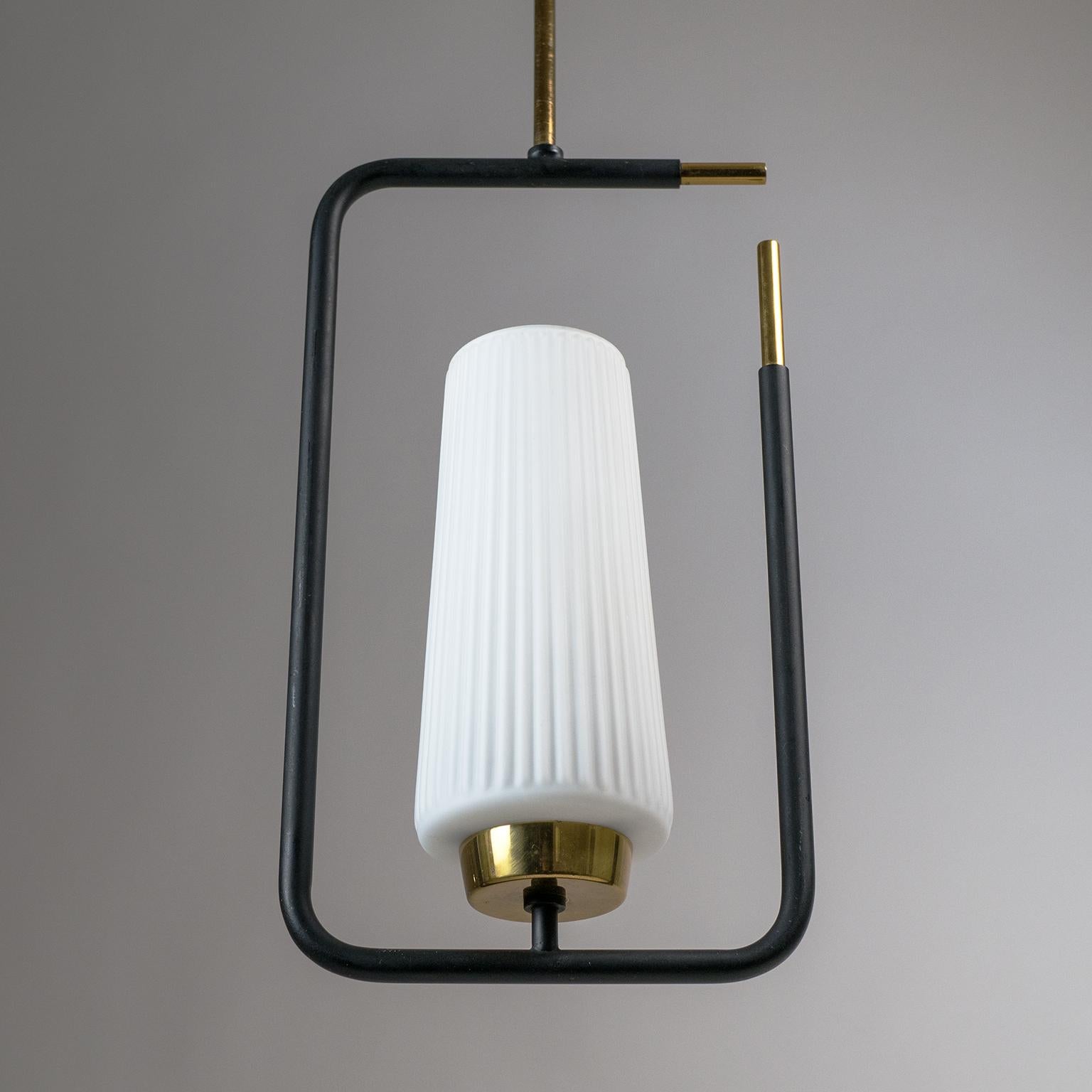 1950s French Modern Pendant, Ribbed Glass and Brass For Sale 1