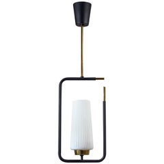 1950s French Modern Pendant, Ribbed Glass and Brass