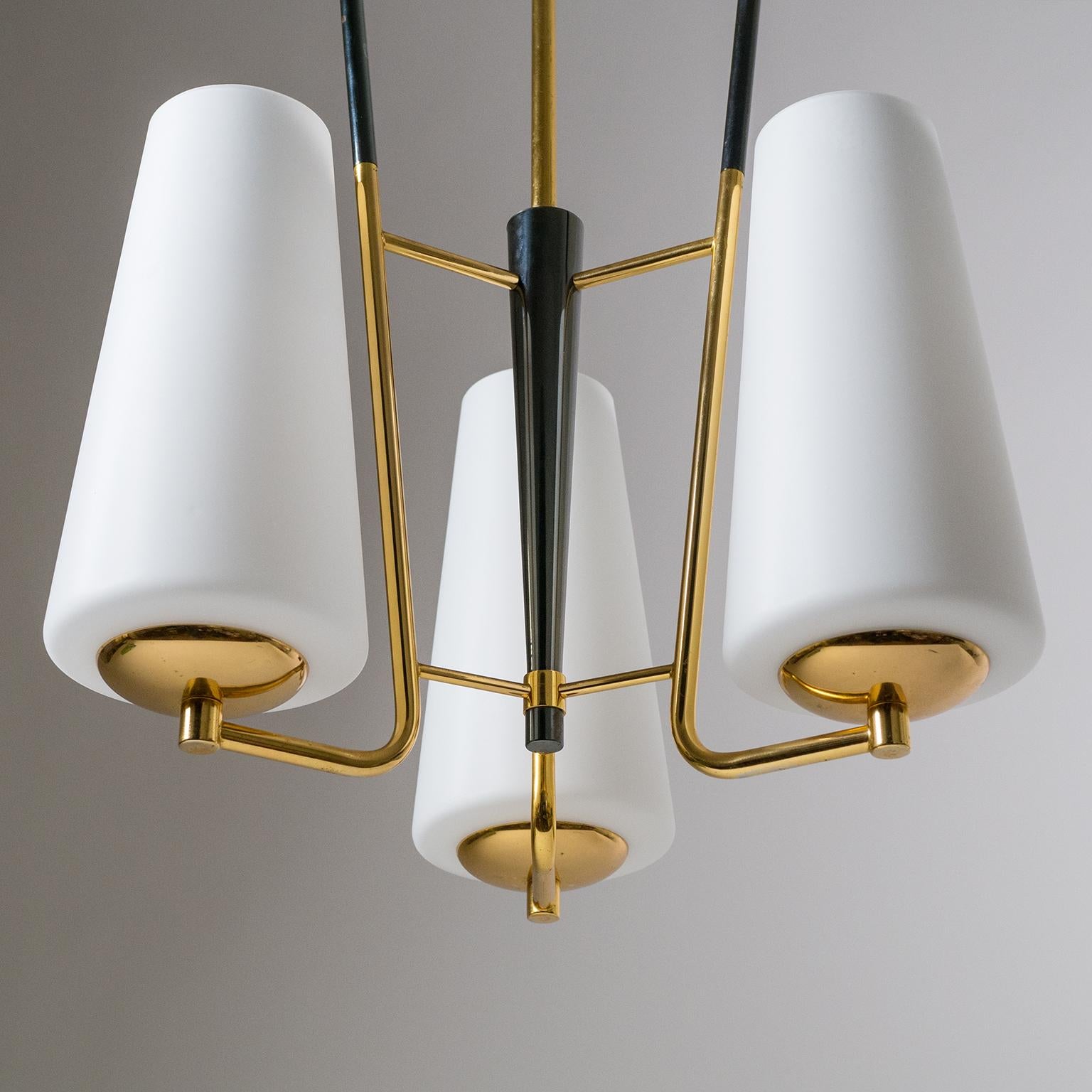 French Modernist Chandelier, 1950s, Satin Glass and Brass 1