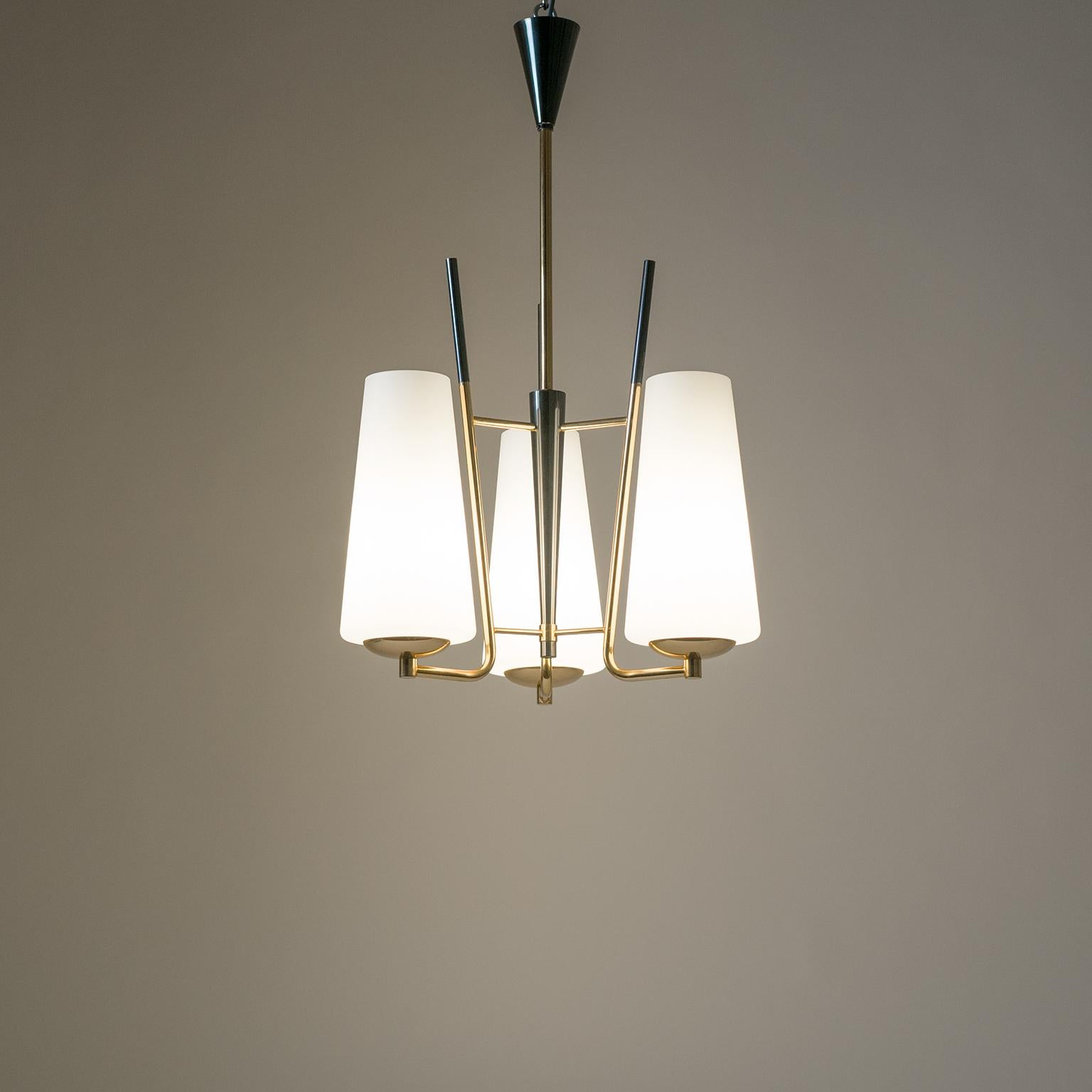 French Modernist Chandelier, 1950s, Satin Glass and Brass 6