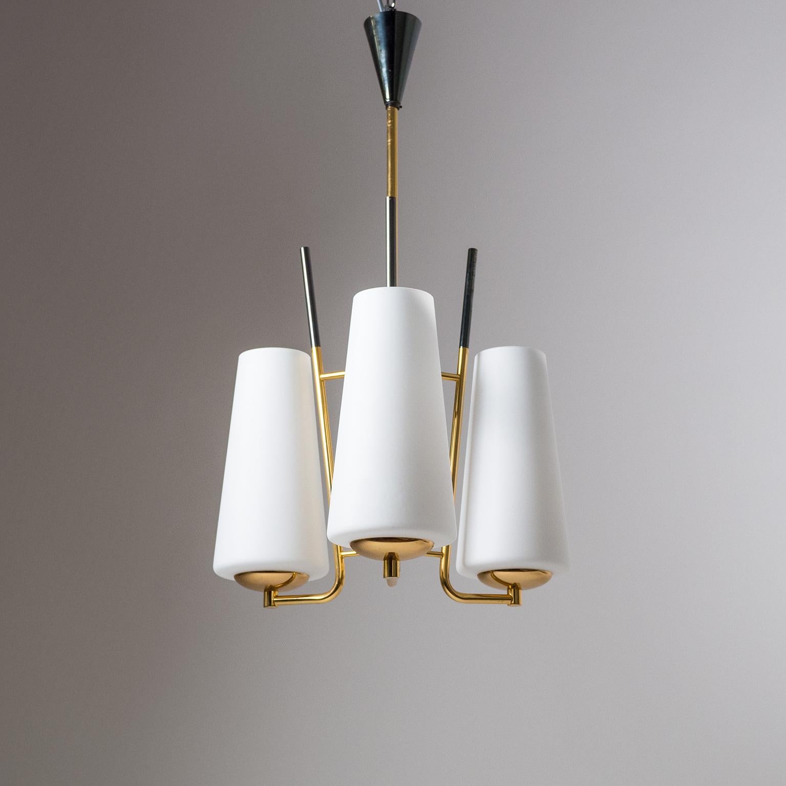 French Modernist Chandelier, 1950s, Satin Glass and Brass In Good Condition In Vienna, AT