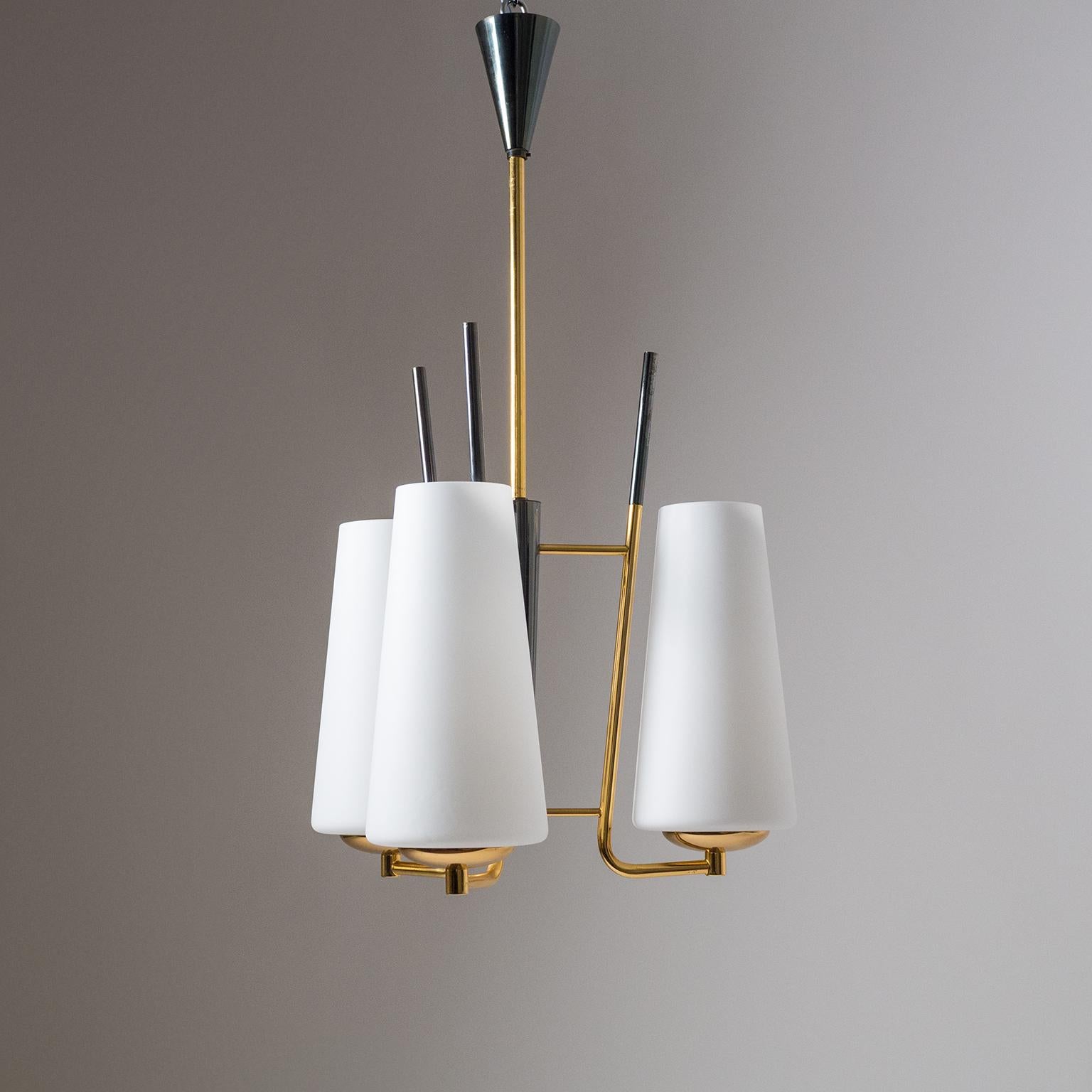 Mid-Century Modern French Modernist Chandelier, 1950s, Satin Glass and Brass