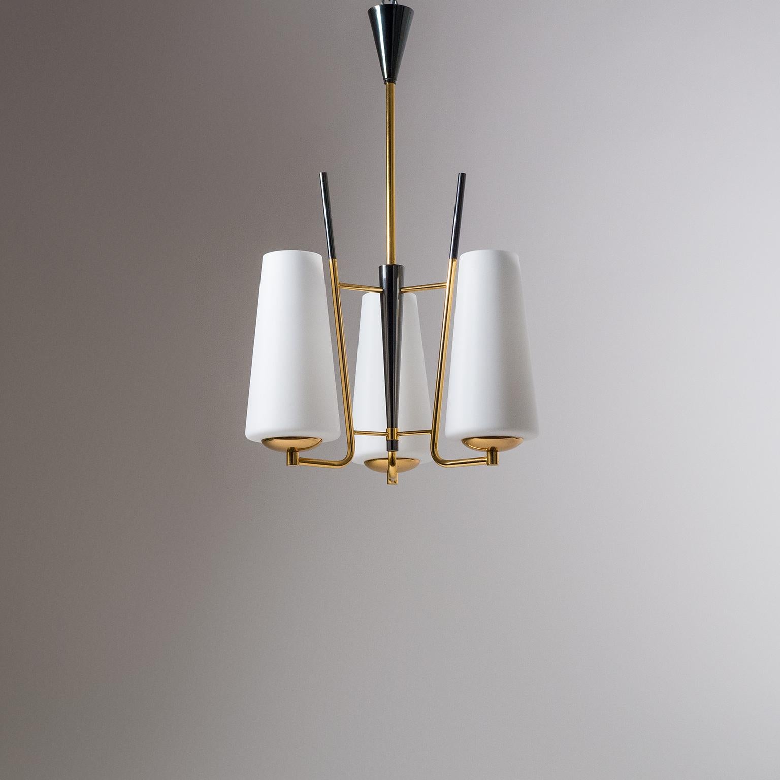 French Modernist Chandelier, 1950s, Satin Glass and Brass 7