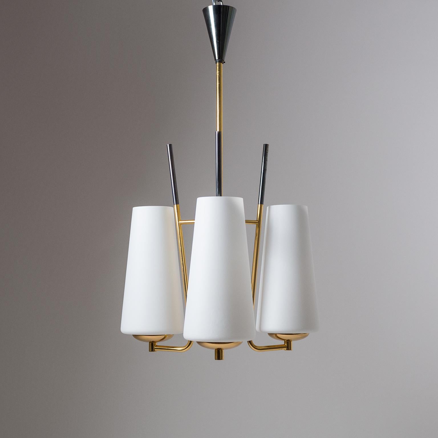 French Modernist Chandelier, 1950s, Satin Glass and Brass 4
