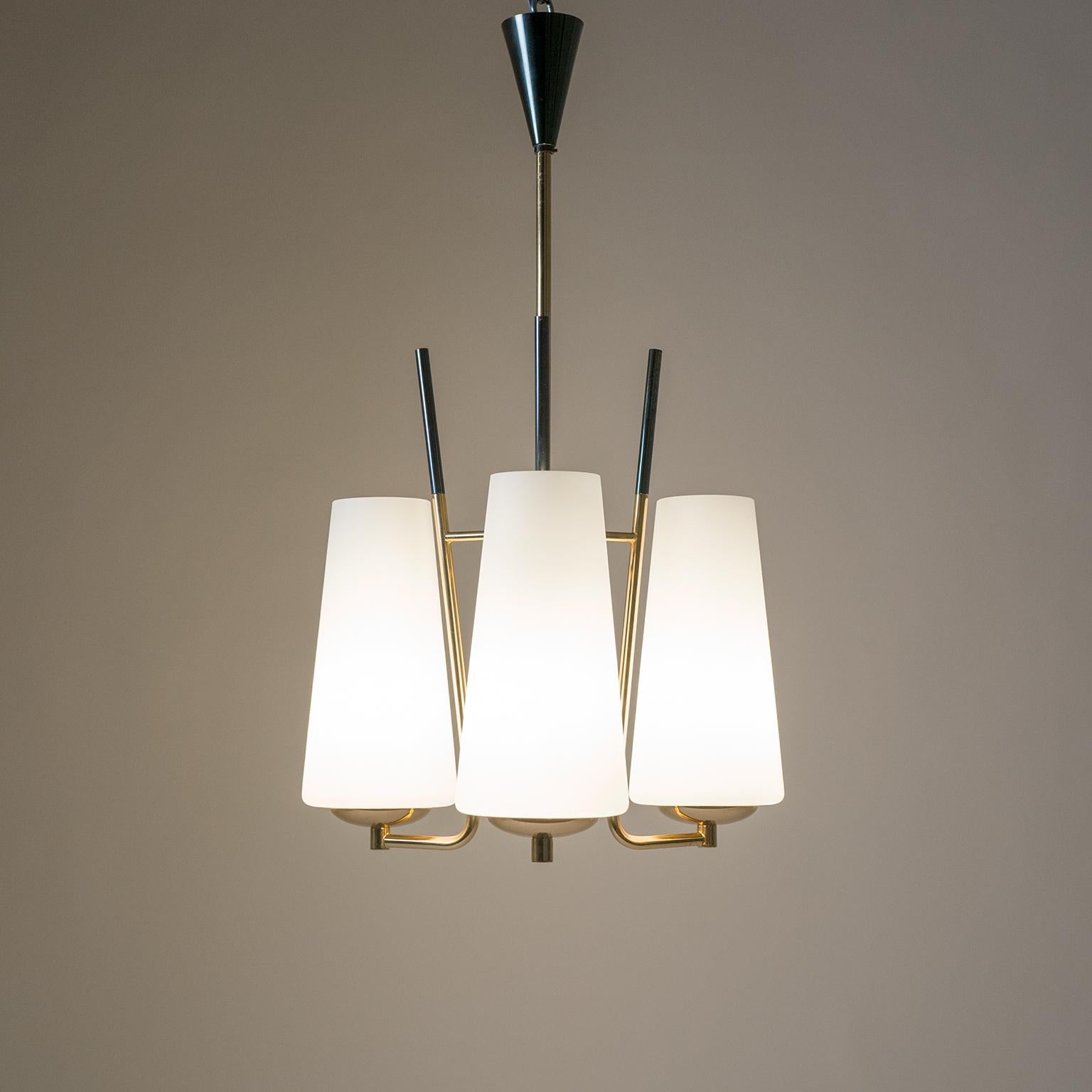 French Modernist Chandelier, 1950s, Satin Glass and Brass 5