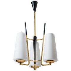 French Modernist Chandelier, 1950s, Satin Glass and Brass