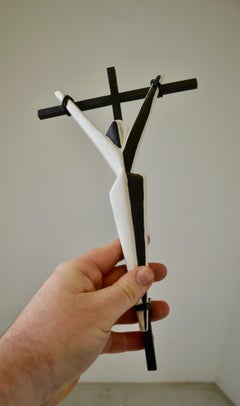 1950s French Modernist Crucifix in Black Lacquered Metal and Ceramic