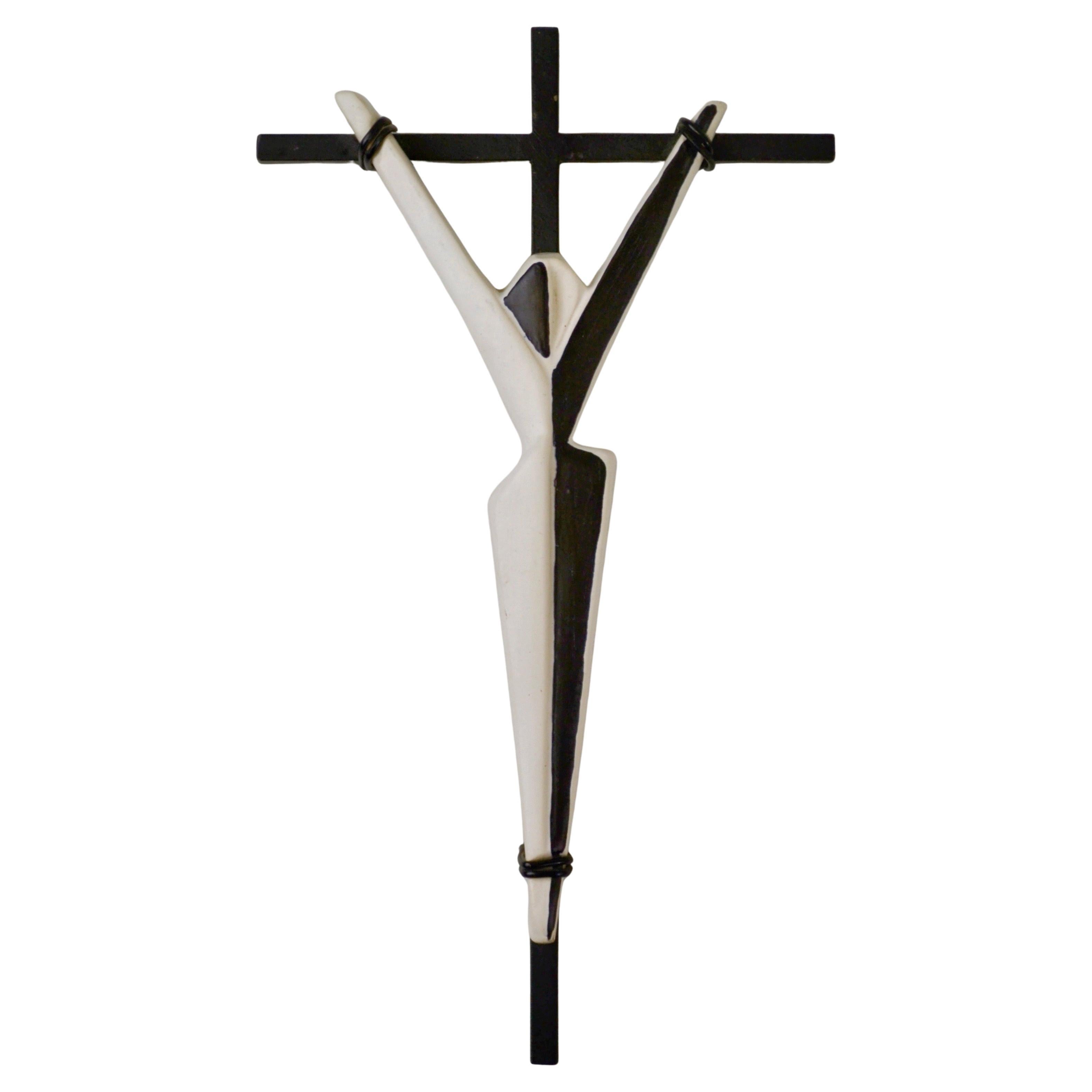 1950s French Modernist Crucifix in Black Lacquered Metal and Ceramic