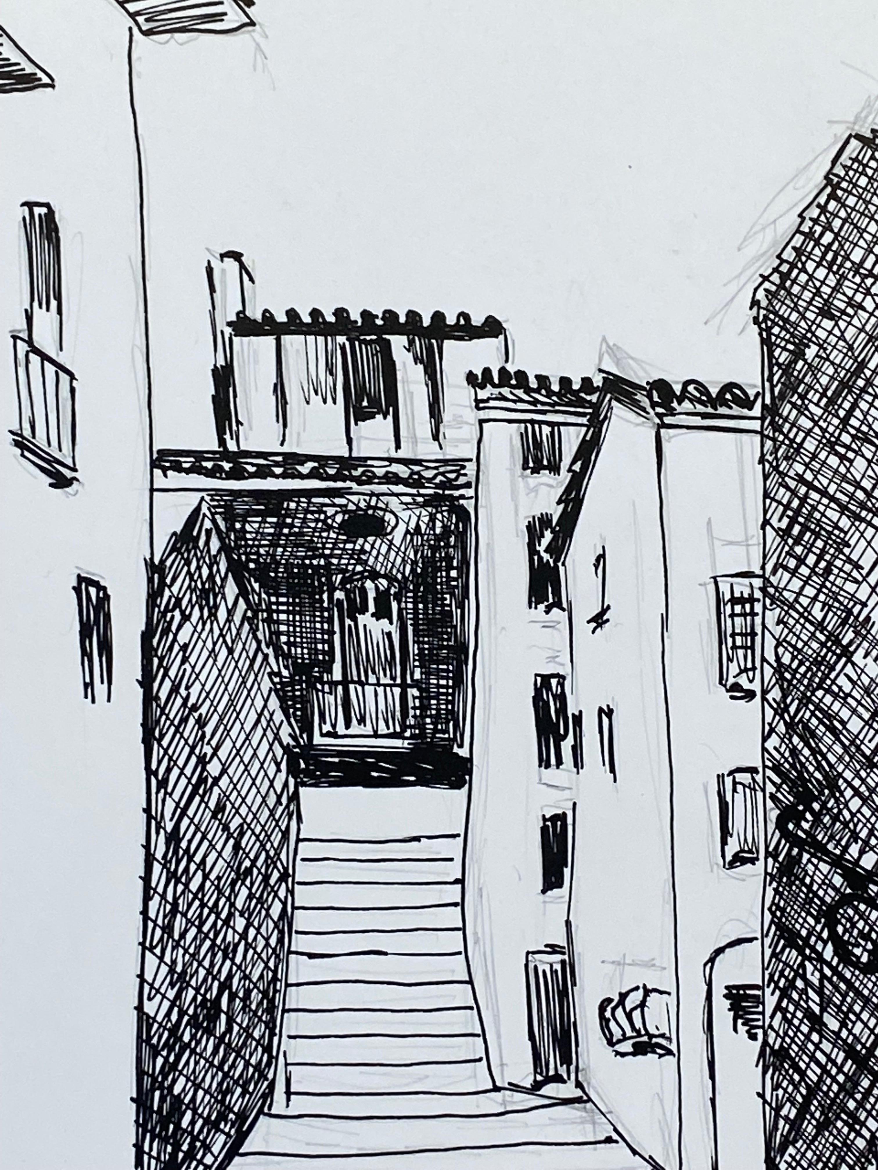 1950's French Modernist/ Cubist Drawing, Black & White Steps to the French Town In Excellent Condition For Sale In Cirencester, GB