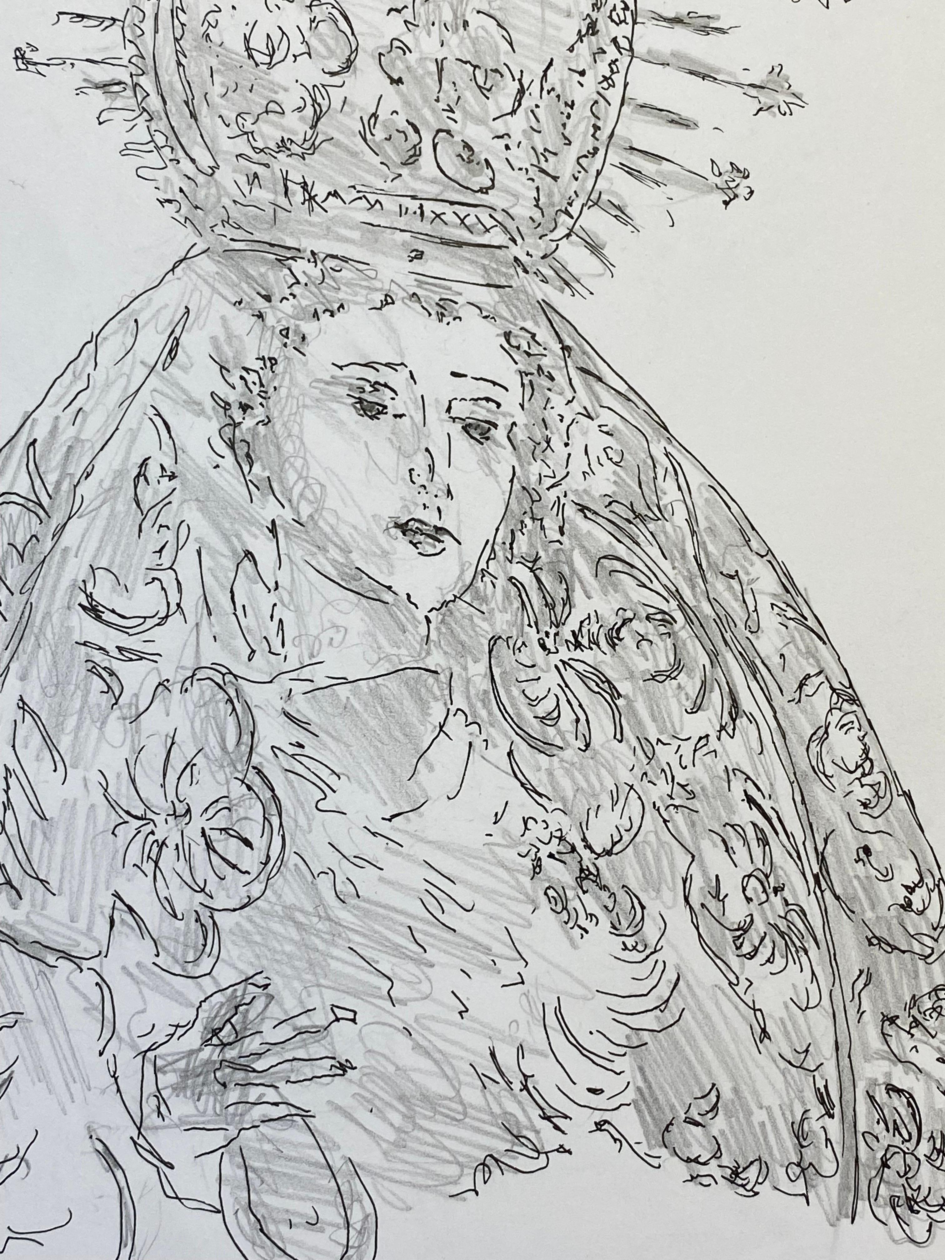 Dibujo modernista/cubista francés de los años 50 - Dama del poder con ropa extravagante Moderno de mediados de siglo