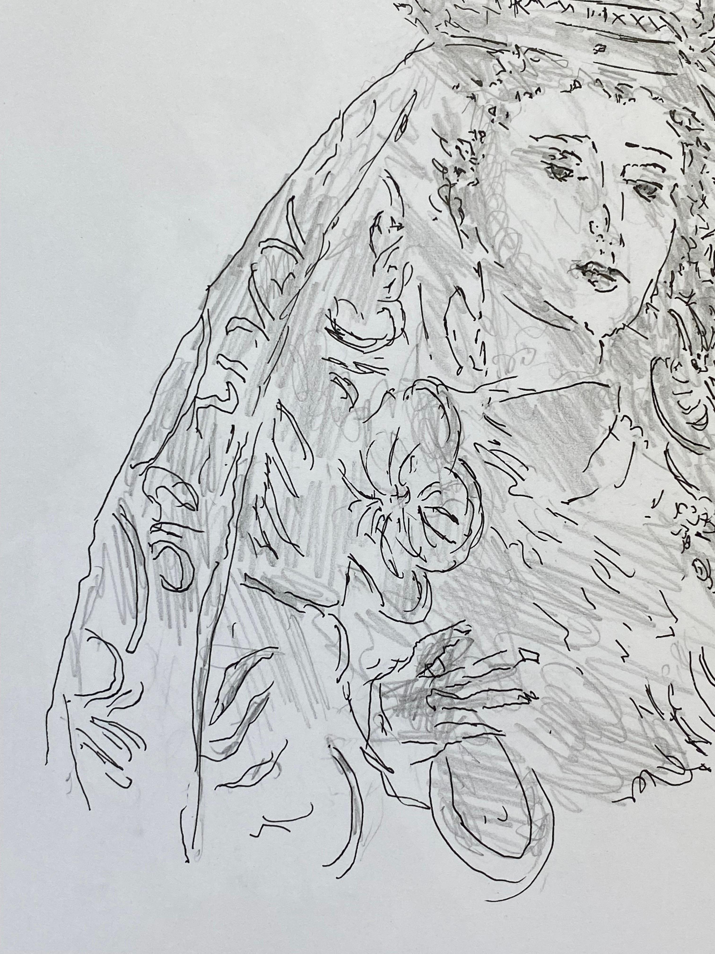 Dibujo modernista/cubista francés de los años 50 - Dama del poder con ropa extravagante Francés