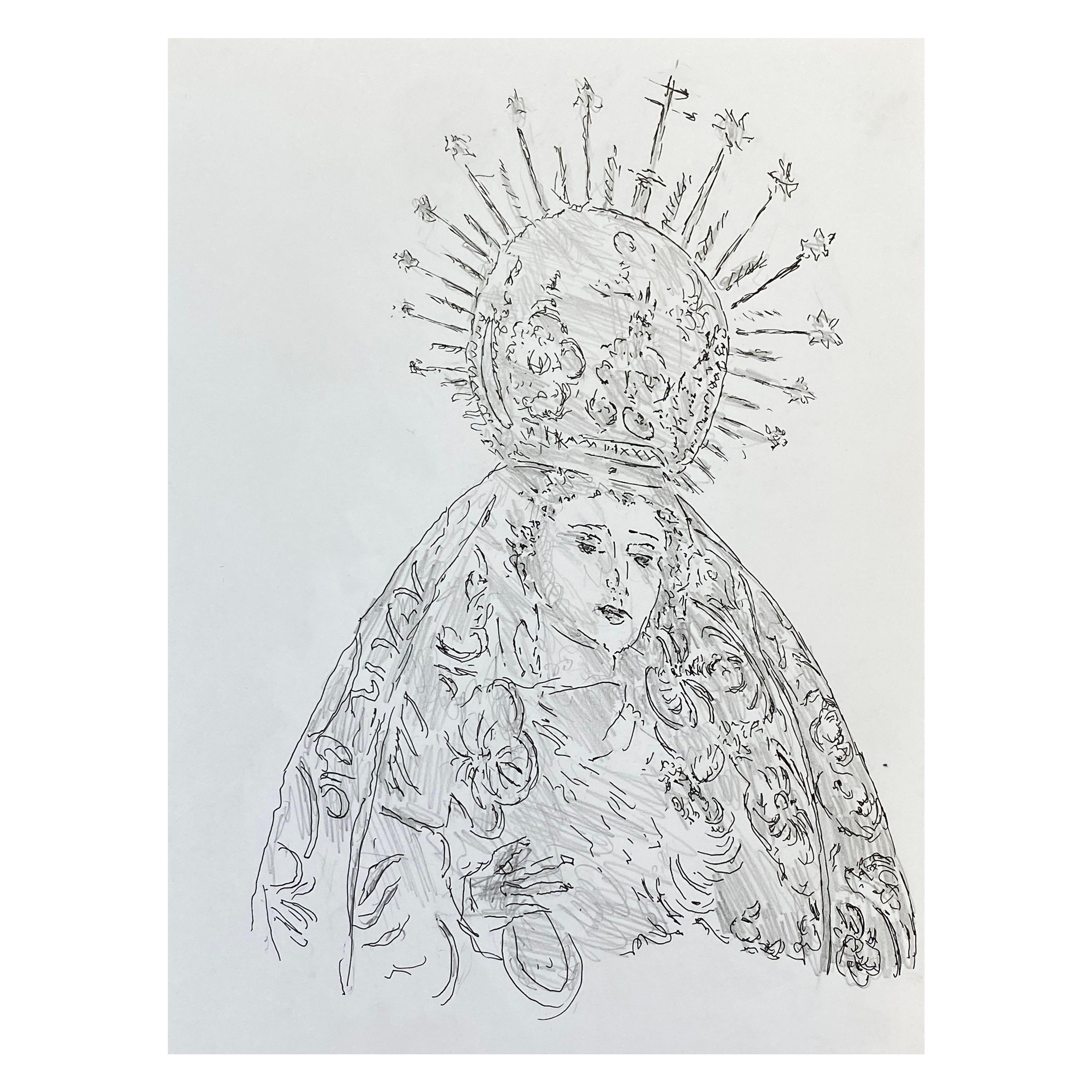 Dibujo modernista/cubista francés de los años 50 - Dama del poder con ropa extravagante