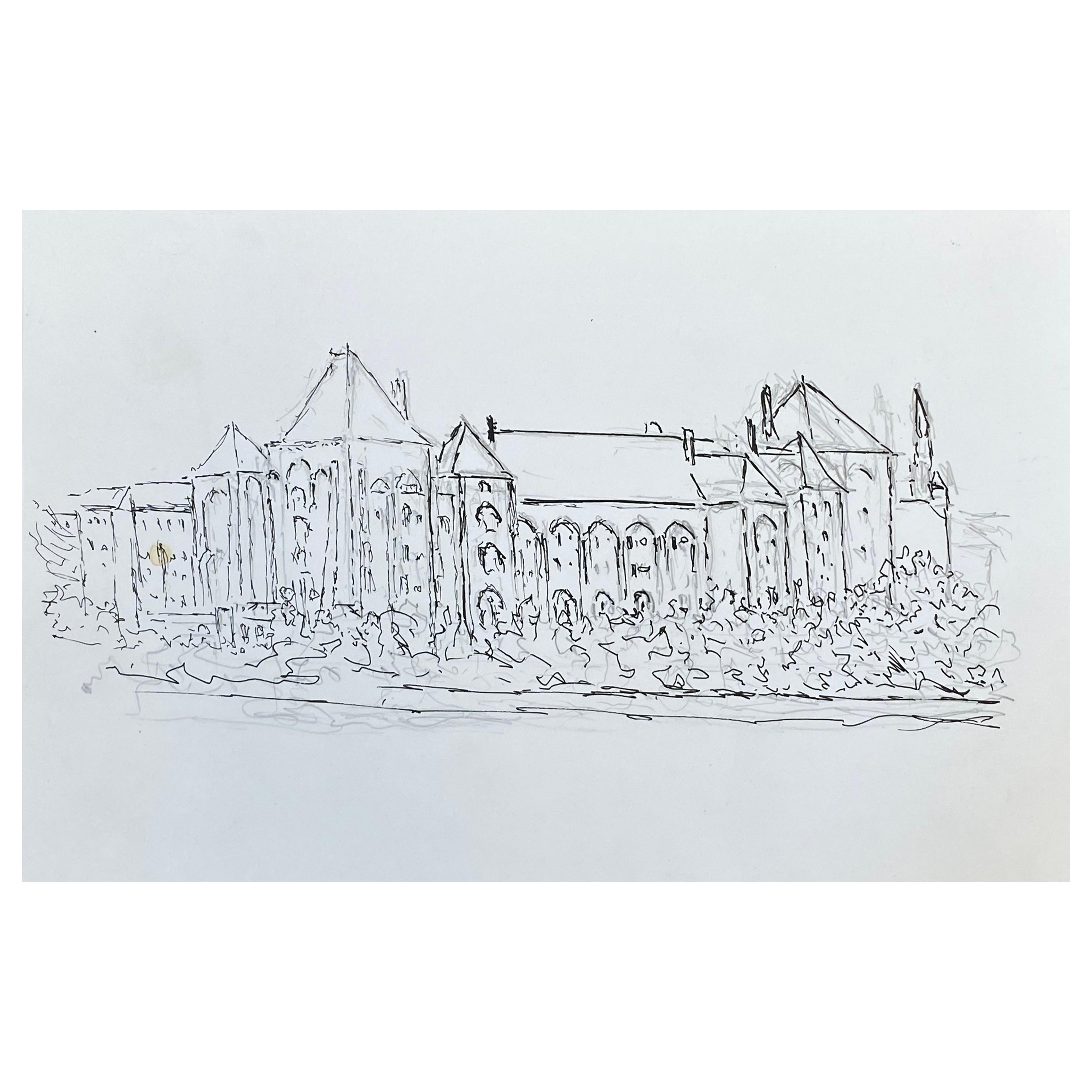 Drawing moderniste/ cubiste français des années 1950, grand bâtiment historique français des années 1950