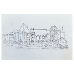 1950's French Modernist/ Cubist Drawing, Large Historic French Building