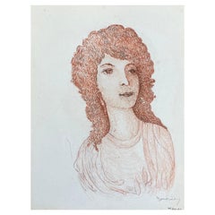 Französische modernistische / kubistische Zeichnung der 1950er Jahre, rotes Porträt einer Dame
