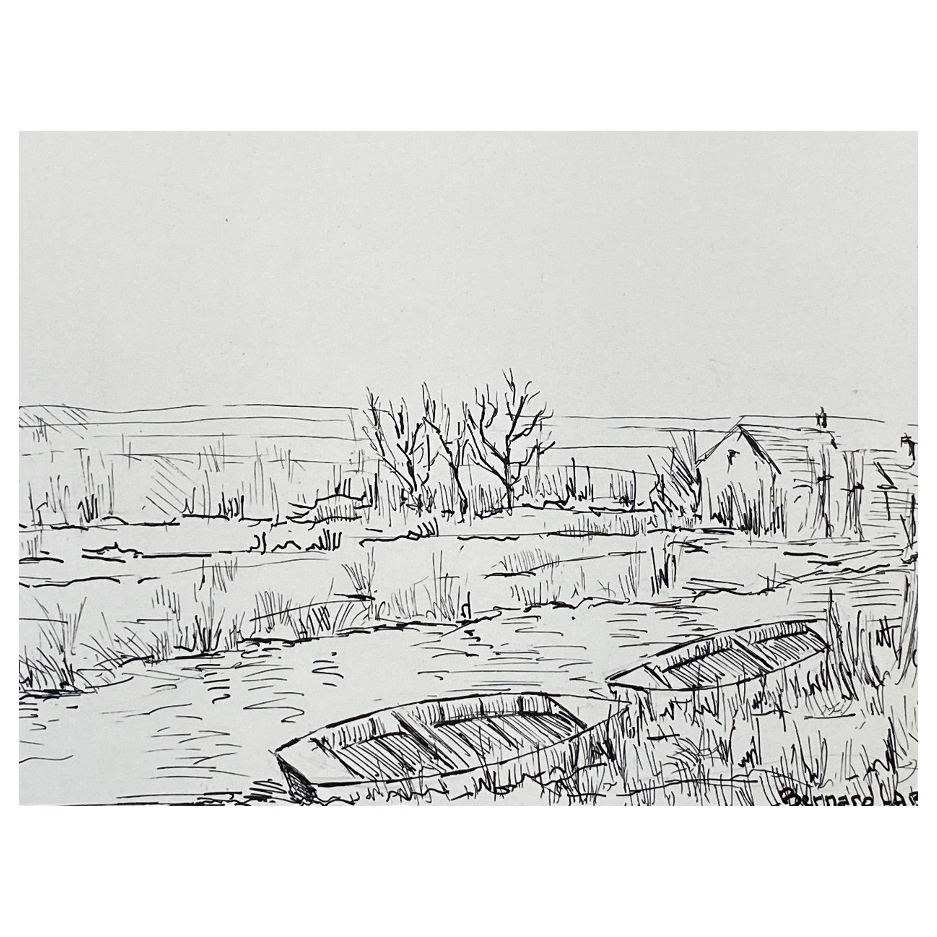 Französisches modernistisches/ kubistisches Gemälde der 1950er Jahre, Boote am Fluss im Angebot