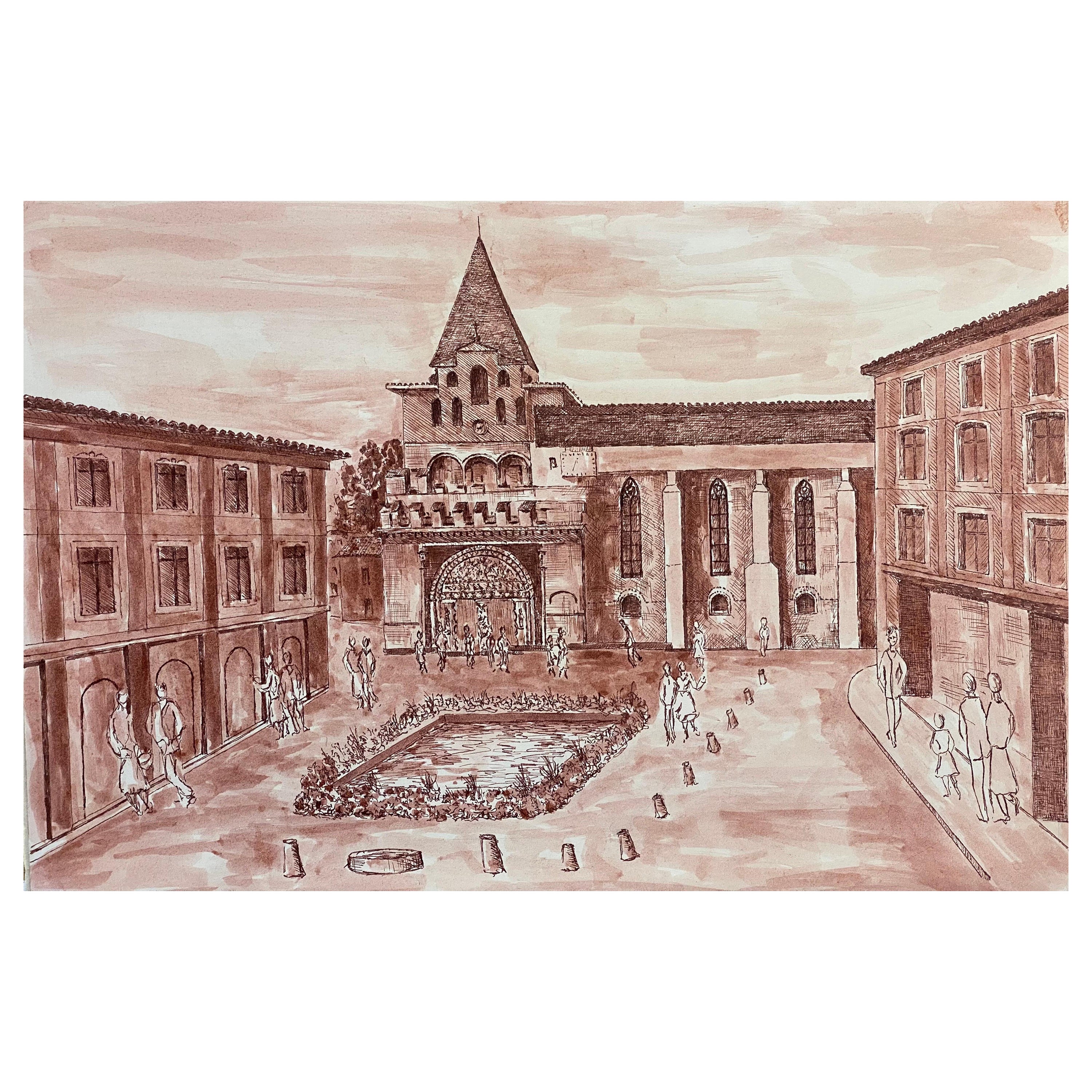 Französisches modernistisches/ kubistisches Gemälde der 1950er Jahre, Busy French Town Square