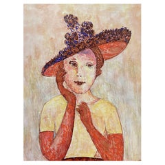 Französisches modernistisches / kubistisches Gemälde der 1950er Jahre, modische Dame mit schicken Hut