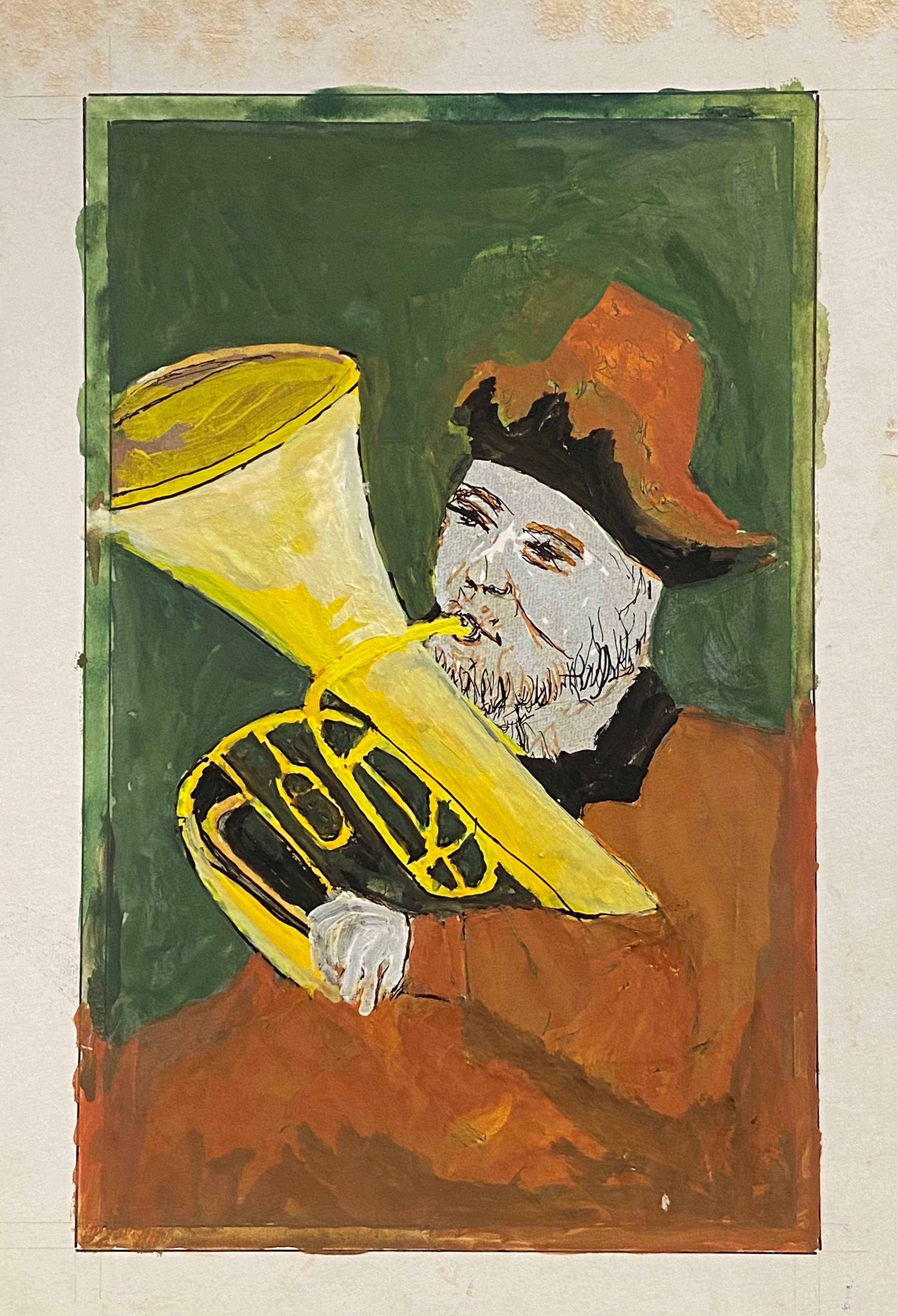 Moderne Peinture moderniste/ cubiste française des années 1950, homme jouant du toba en vente